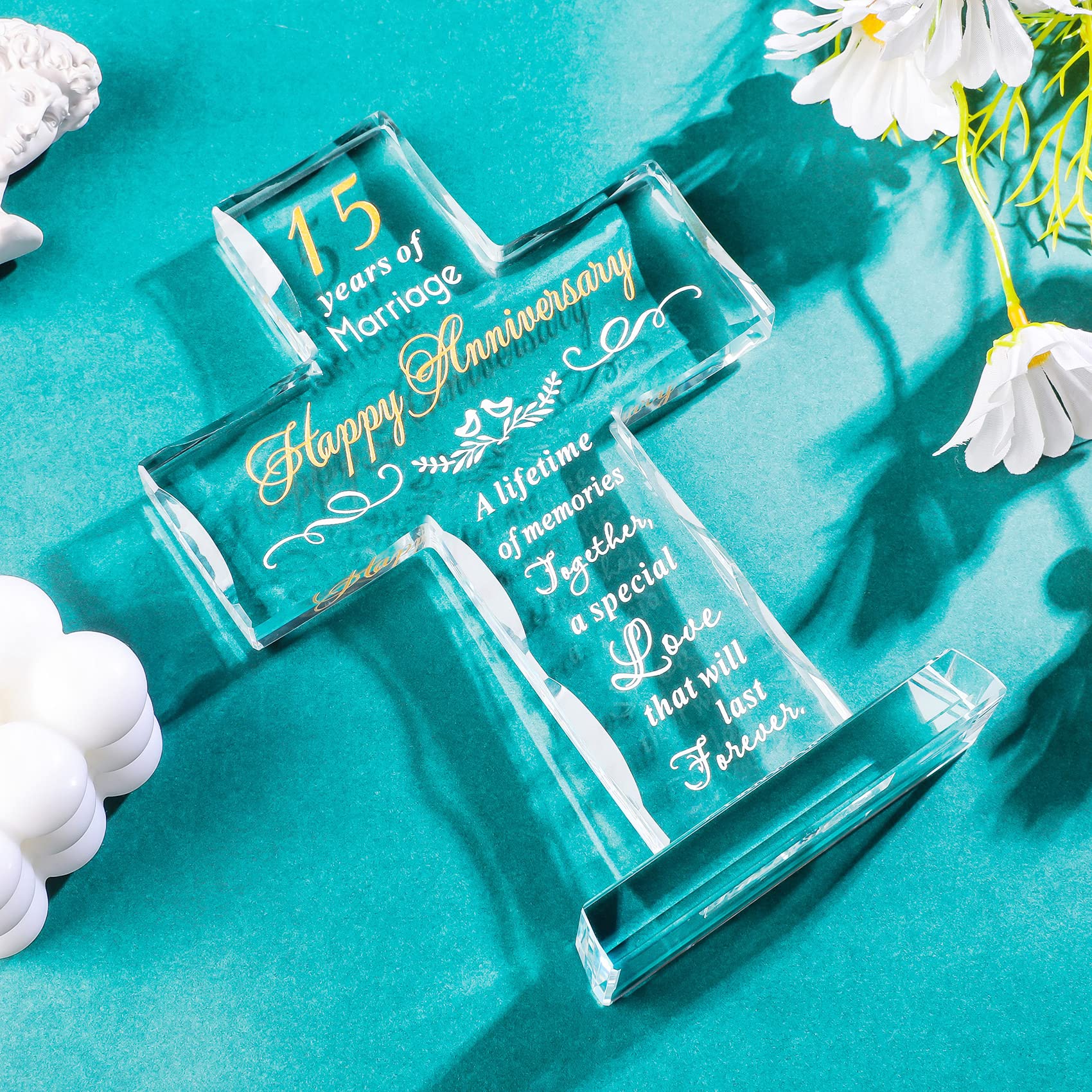 15th Anniversary Glass Cross Gift for Couples - Romantic Wedding Anniversary Present for Him & Her - 15 Years Marriage Keepsake - Perfect for Christian Celebrations, Vow Renewals & Milestone Gifts