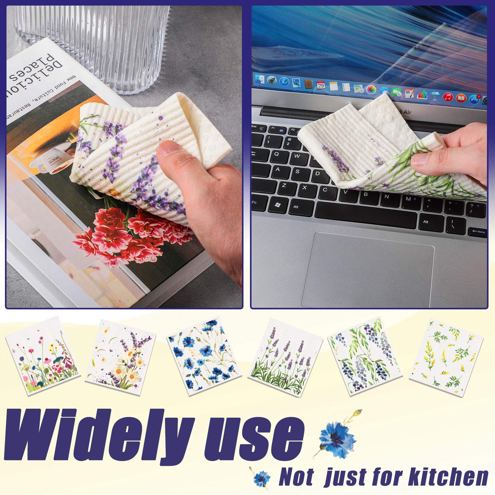 Swedish Kitchen Dish Towels - 6 Pack Wildflowers Printed Reusable Sponge Cleaning Cloths | Super Absorbent & Quick Drying Washable Wipes | Odor-Free Hand Towels for Dishes, Countertops & Kitchen Cleaning