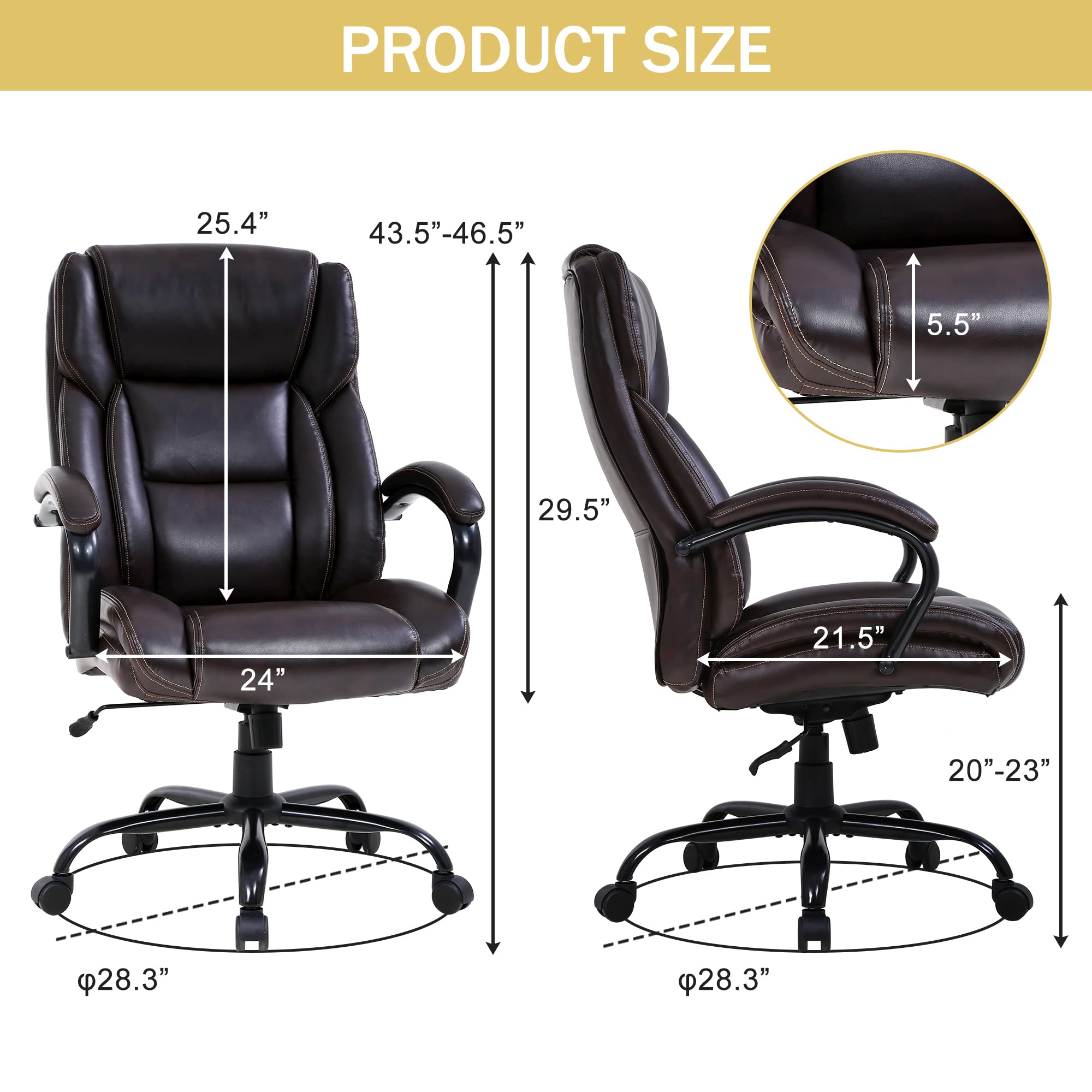 Ergonomic Office Desk Chair 500lbs Big and Tall High Back Computer Chair with Lumbar Support & Adjustable Arms - PU Leather Executive Task Chair for Home & Office Workspace (Brown) - Perfect for Long Hours Sitting, Gaming, and Professional Workspaces