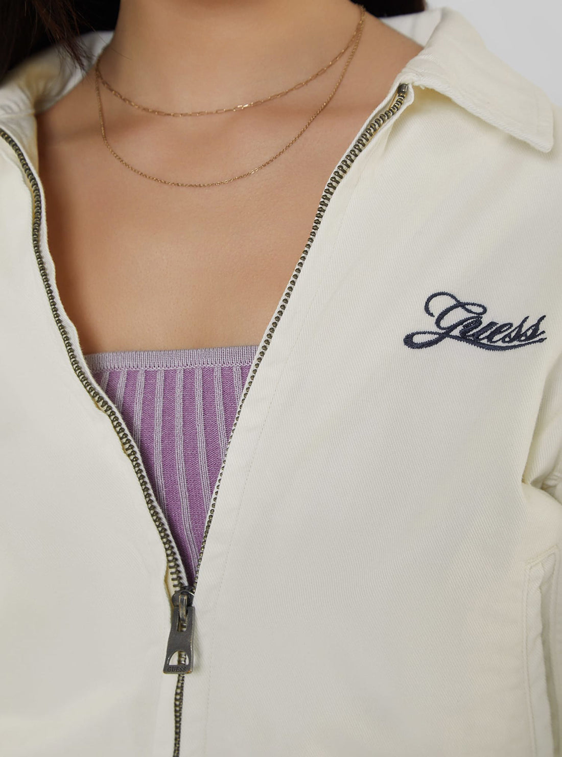 Guess Originals White Cropped Jacket for Women | Stylish Denim Jacket | Perfect for Spring & Summer Outfits | Casual Wear, Street Style, and Date Nights
