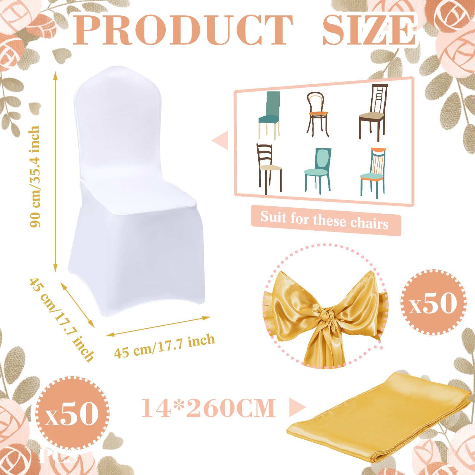 100 Pcs Wedding Chair Covers Set - 50 Stretch Spandex Chair Covers + 50 Decorative Elastic Sashes - Gold & White for Wedding Banquet, Party, Dining Room & Kitchen Decorations - Elegant Chair Bows for Bridal Showers, Receptions & Special Events