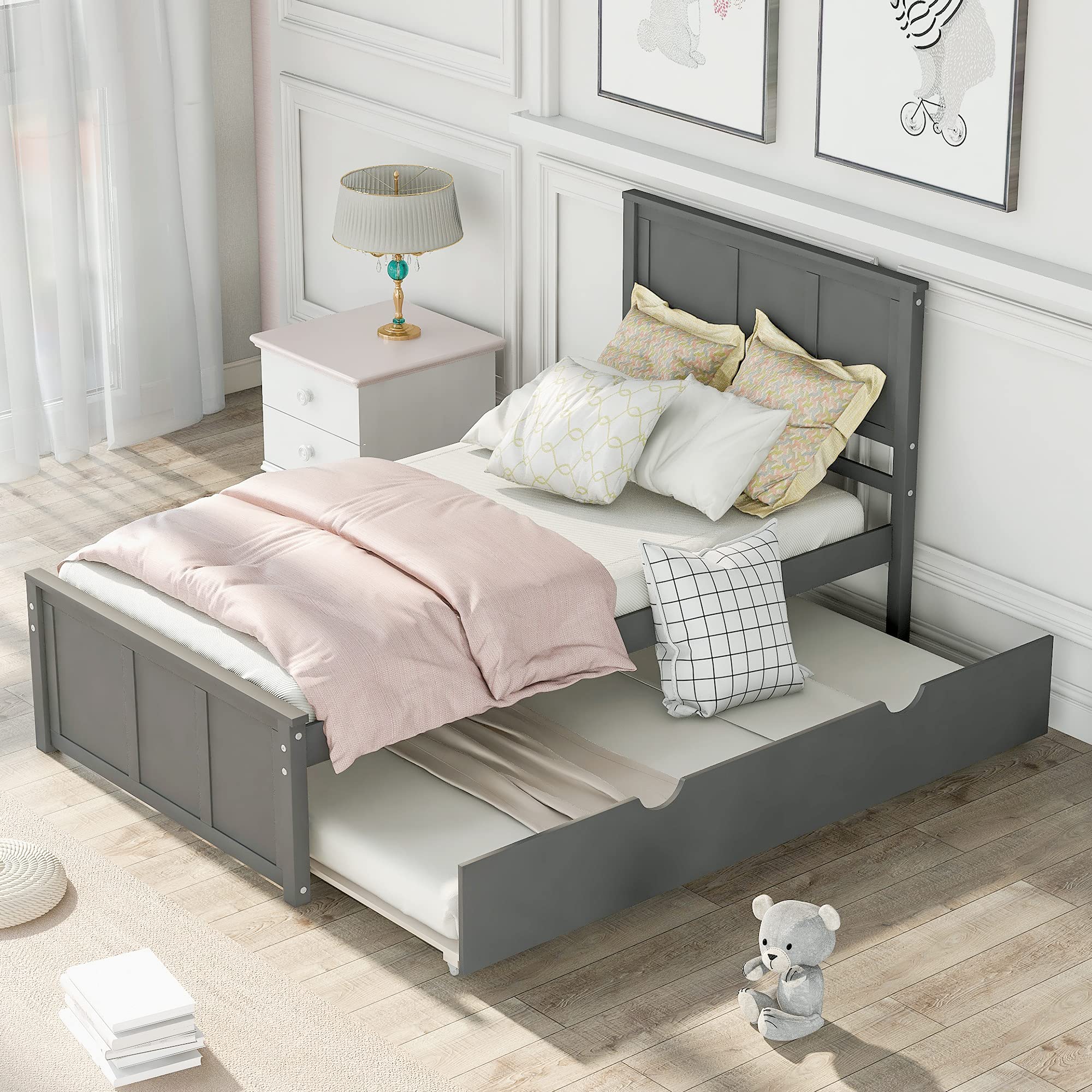 **P PURLOVE Twin Bed Frame with Trundle - Solid Wood Daybed with Headboard for Kids, Teens & Adults - Space-Saving Gray Twin Size Bed for Guest Rooms, Dorms & Small Spaces**