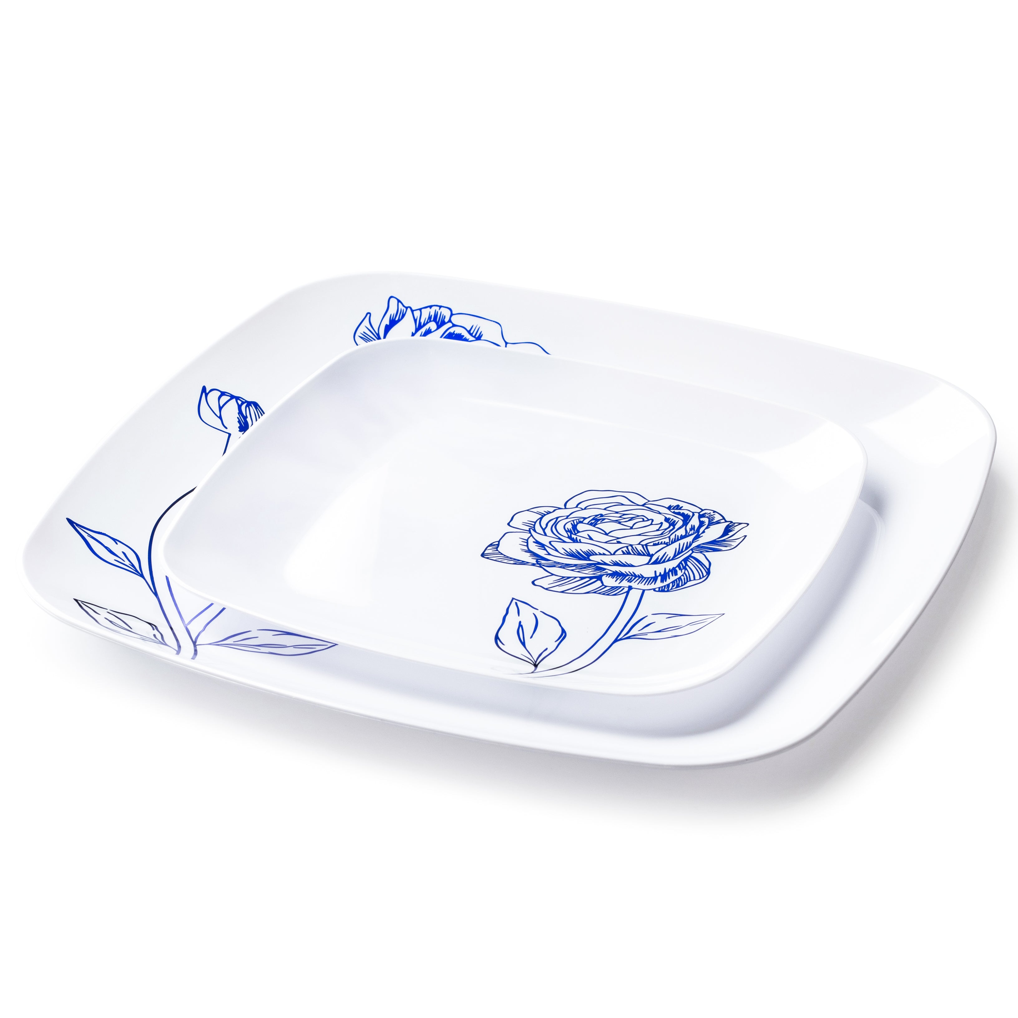 32-Piece White and Blue Square Plastic Dinnerware Set - 16 Servings, Durable & Stylish for Parties, Picnics, and Outdoor Dining - Peony Design