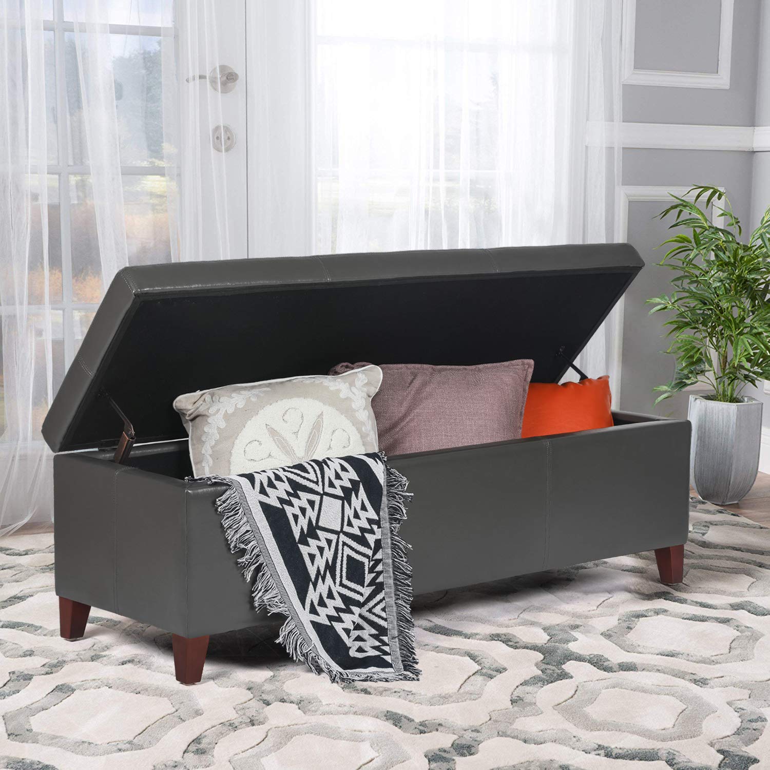 Homebeez Large Leather Storage Ottoman Bench - Gray Footrest Shoe Organizer with Hidden Compartment for Entryway, Living Room & Bedroom - Multi-Functional Furniture for Home Decor (OF0238-2)