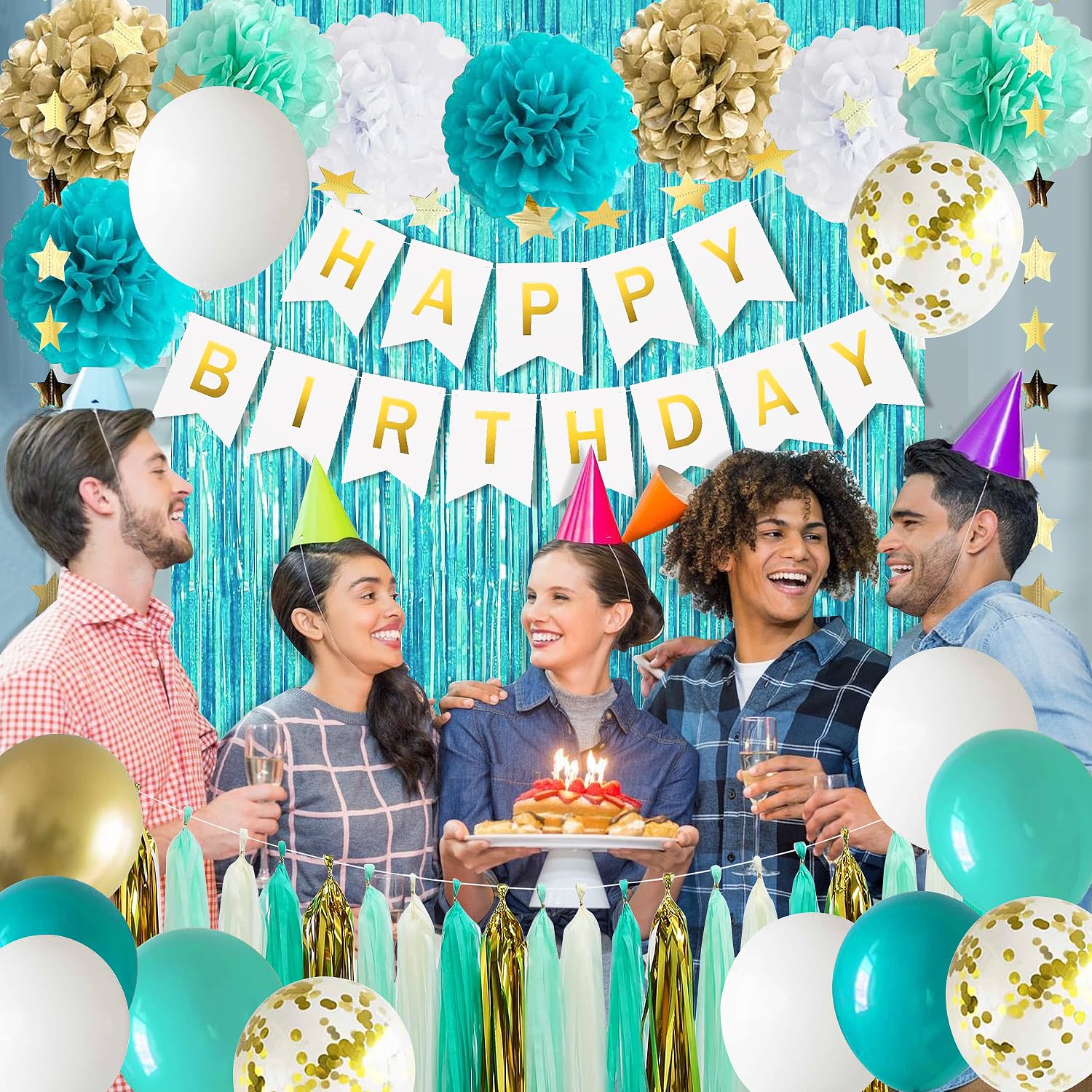 Teal Blue & Gold Birthday Party Decorations Set - Happy Birthday Banner, Foil Fringe Curtain, Tissue Pom Poms, Star Garland for Women & Girls - Perfect for Birthday Parties, Baby Showers & Special Celebrations