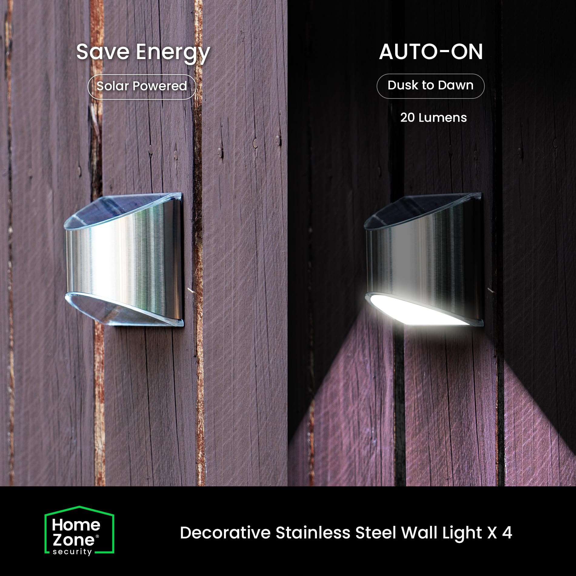 Home Zone Security Solar Wall Lights - Waterproof Outdoor Solar Fence & Step Lighting (4-Pack) - No Wiring Needed, Stainless Steel - Perfect for Garden, Pathway, Deck & Patio Illumination