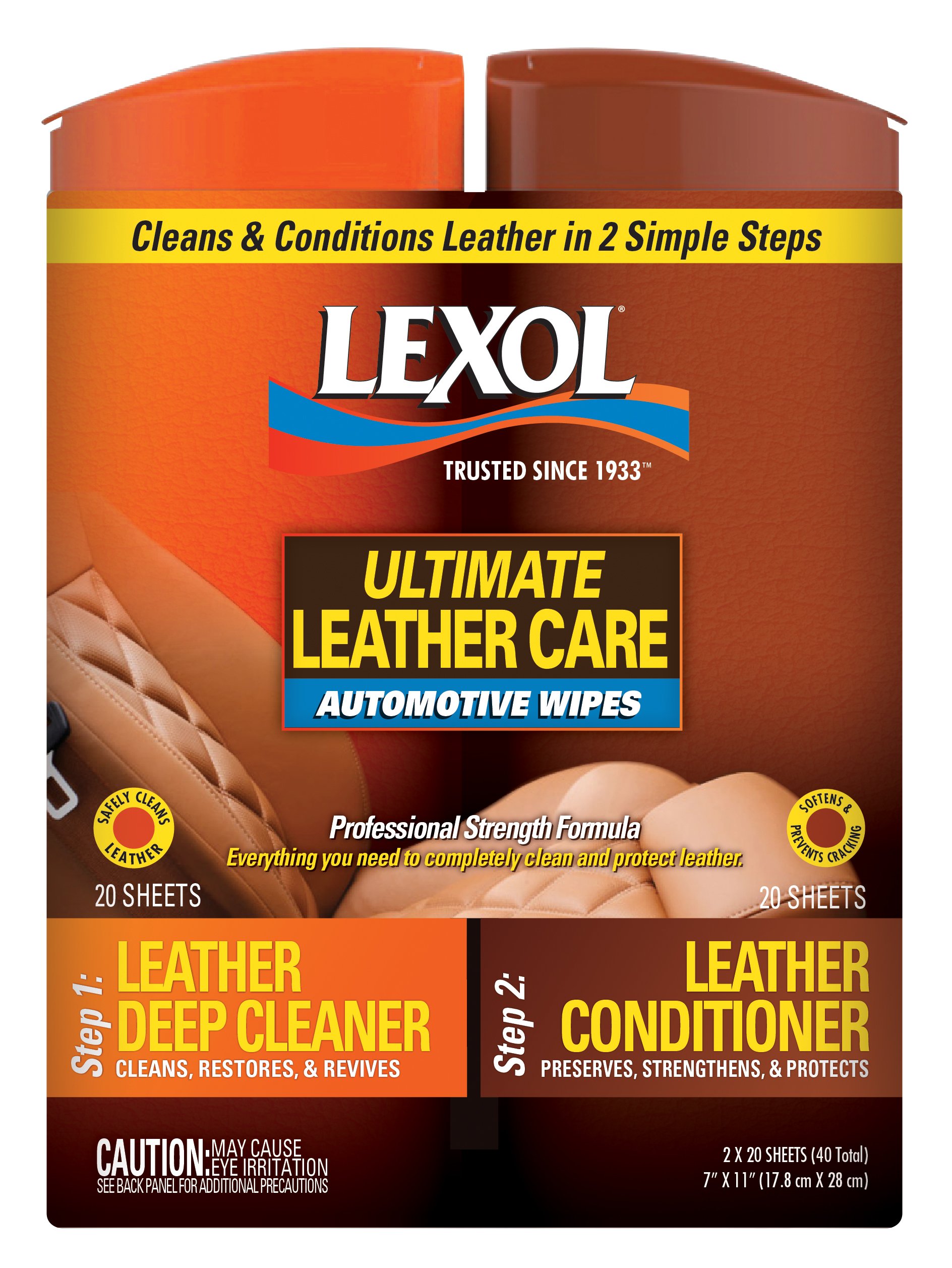 Lexol 90150 Leather Deep Cleaner & Conditioner Wipes - 40 Sheets for Car Seats, Furniture & Accessories | Restores & Protects Genuine Leather