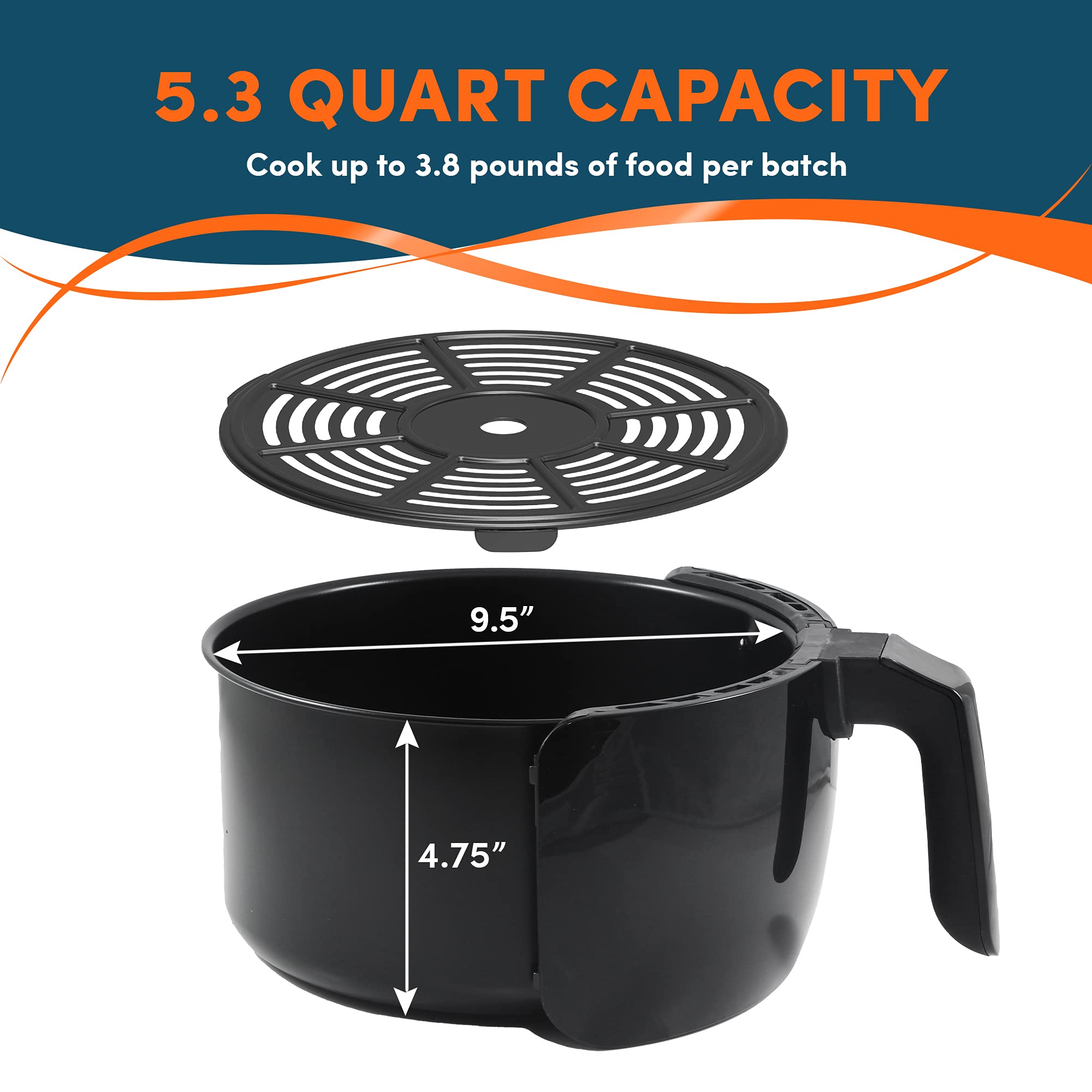Elite Gourmet EAF5317D Digital 5.3Qt Hot Air Fryer - 7 Preset Functions, 1350W Oil-Free Healthy Cooker with Timer & Temperature Control, PFOA/PTFE Free, Black - Perfect for Crispy Fries, Chicken Wings & Family Meals