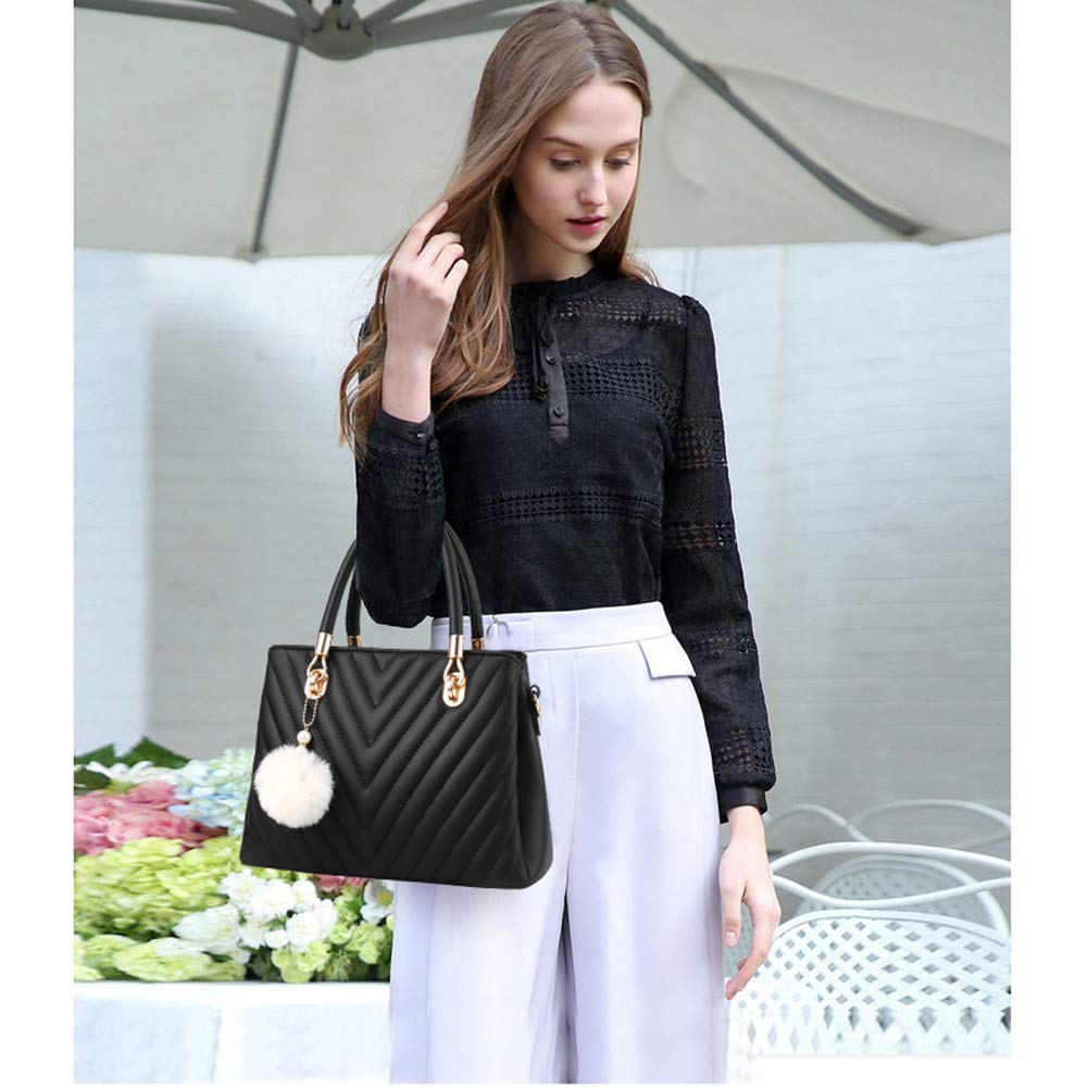 Stylish Women's Leather Handbag - Quilted Top Handle Tote Satchel with Pompom Decor | Perfect Shoulder Bag for Work, Travel & Everyday Use