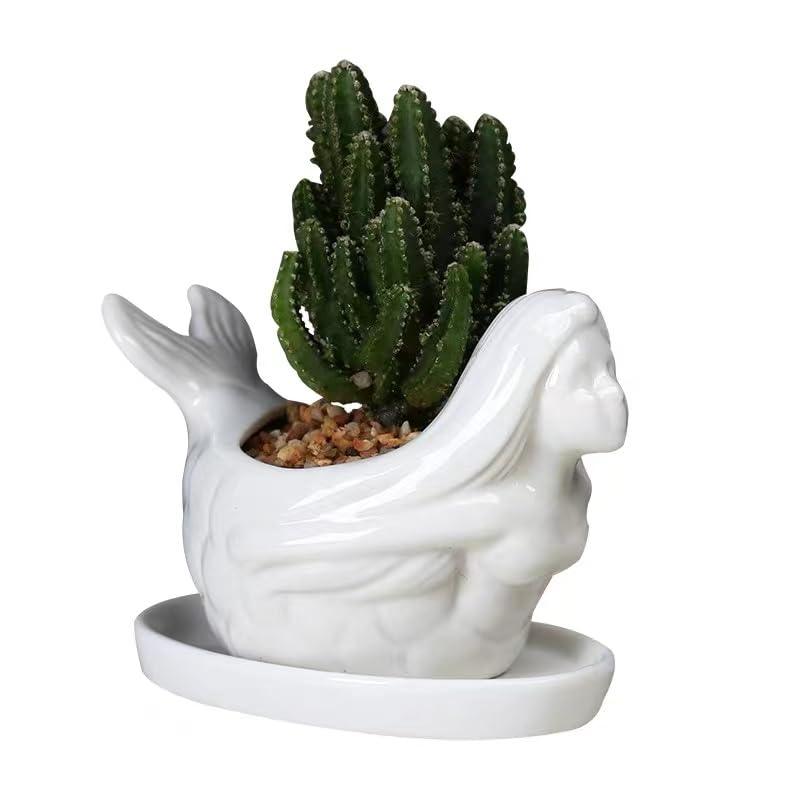2-Pack White Ceramic Modern Flower & Succulent Planter Pots with Mermaid Figurine - Elegant Home & Garden Decor for Cactus, Plants, and Indoor/Outdoor Display