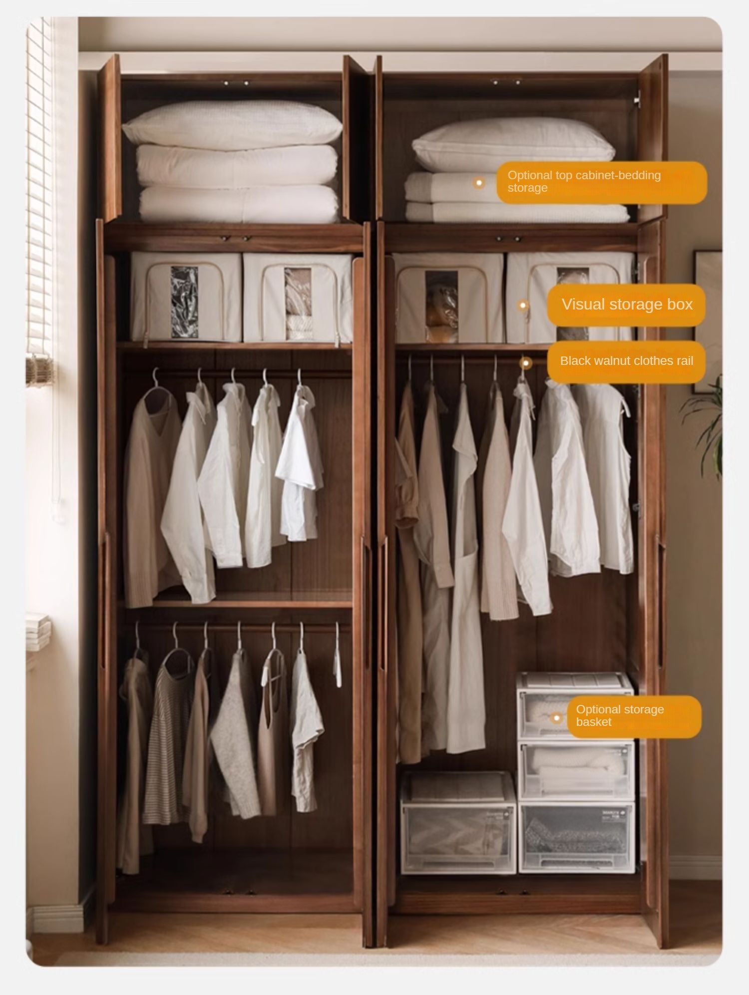 Premium Black Walnut Solid Wood Wardrobe - Double Door Closet with Mirror | Spacious Storage for Bedroom, Walk-in Closet & Guest Room Organization