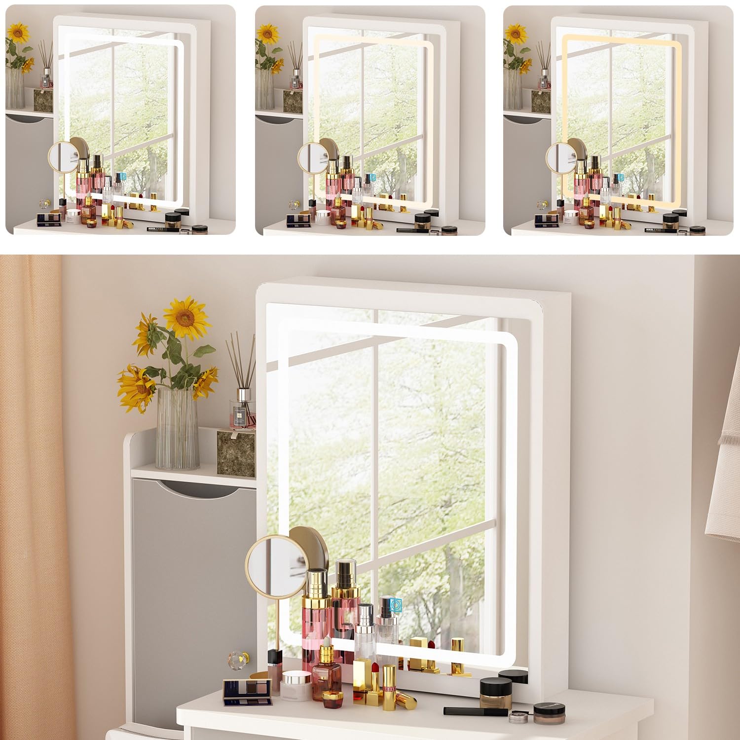 FAMAPY White and Grey Vanity Desk with Mirror & LED Lights, Makeup Dressing Table with Sliding Lighted Mirror, Cushion Stool, Drawers & Shelves - Perfect for Bedroom, Dorm Room & Beauty Salon Decor