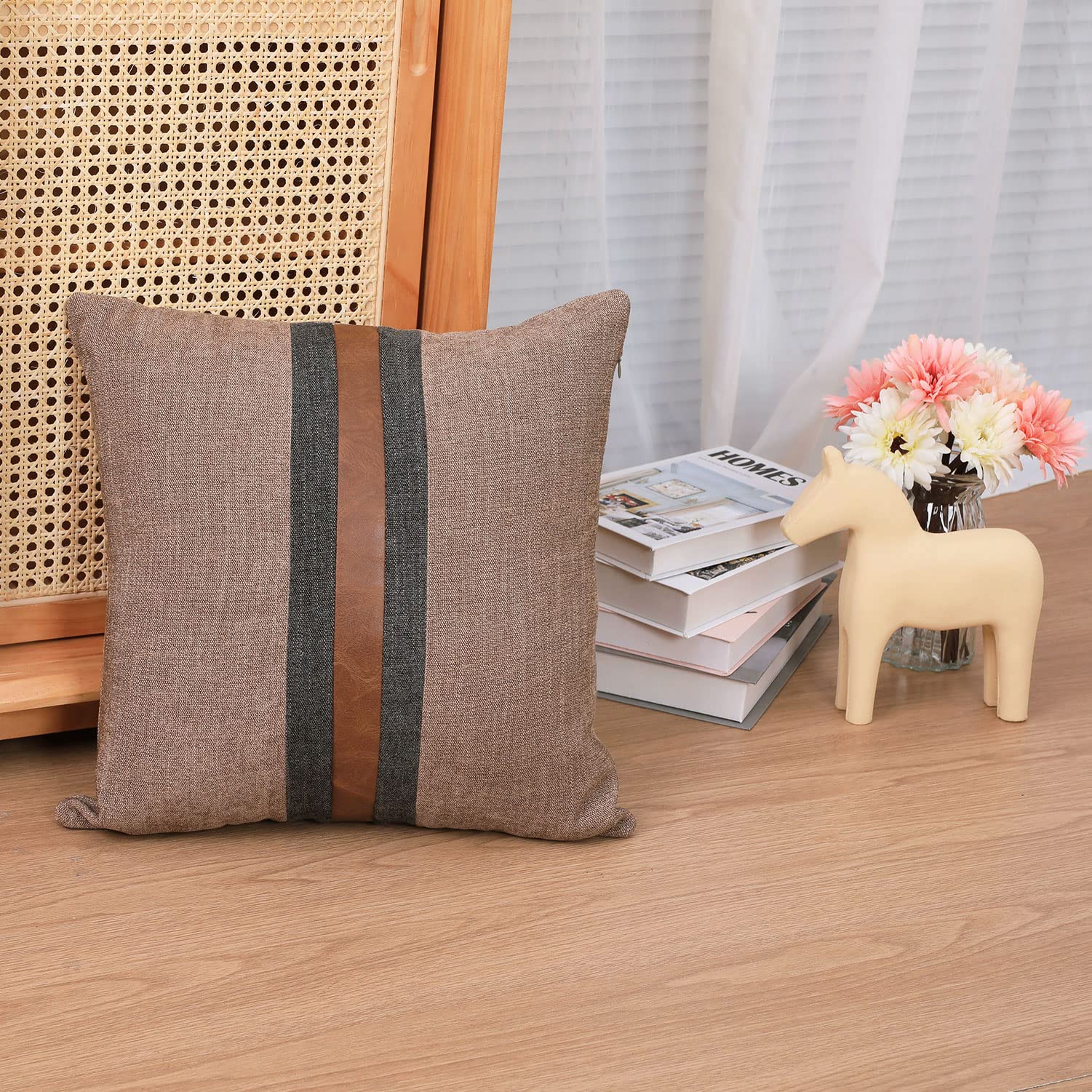 BOYSUM 18x18 Inch Faux Leather Throw Pillow Covers - Farmhouse Decorative Accent Pillows for Couch, Sofa & Bed - Coffee Brown Modern Home Decor - Perfect for Living Room, Porch & Outdoor Furniture