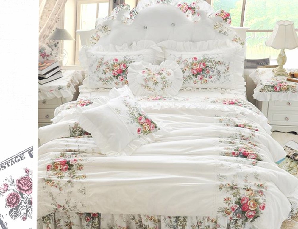 100% Cotton White Duvet Cover Set with Ruffle Frill & Flower Design - 4pc Queen Size Bedding for Master Bedroom & Guest Room Decor