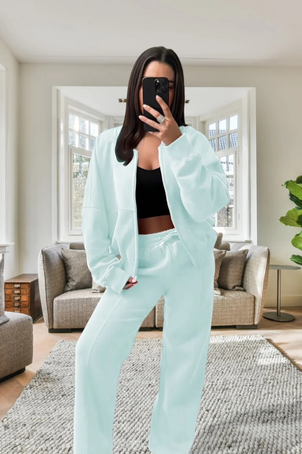 New Style Oversized Fleece Bomber Jacket with Zipper & Wide Leg Tracksuit Set - Cozy Winter Outfit for Streetwear, Casual Wear & Loungewear