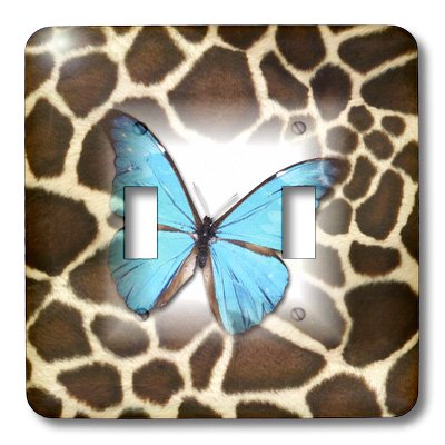 3D Rose Turquoise Butterfly on Giraffe Fur Double Toggle Switch - Decorative Wall Switch Cover for Home, Bedroom, Nursery & Office Decor