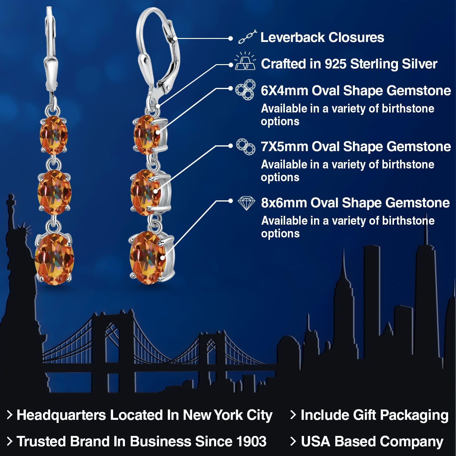 Gem Stone King 3-Stone Leverback Drop Dangle Earrings for Women - 925 Sterling Silver Birthstone Jewelry | Oval 8x6mm, 7x5mm & 6x4mm Gemstones | Elegant Gift for Mom, Wife, Her | Perfect for Weddings, Anniversaries & Special Occasions