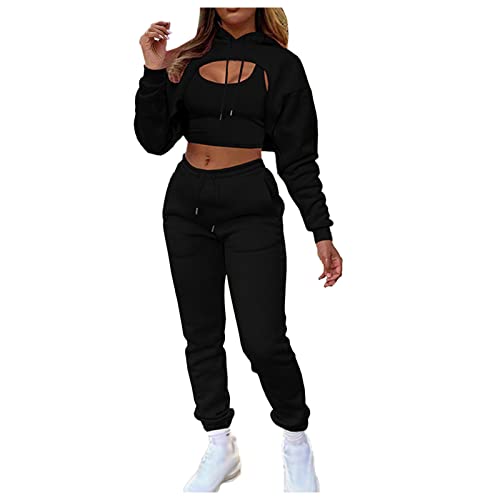 Women's 3-Piece Casual Outfit Set - Solid Color Sweatshirt, Crop Top & Trousers | Comfortable Lounge Wear & Wedding Guest Attire | Perfect for Daily Wear, Travel & Special Occasions (Black, Large)