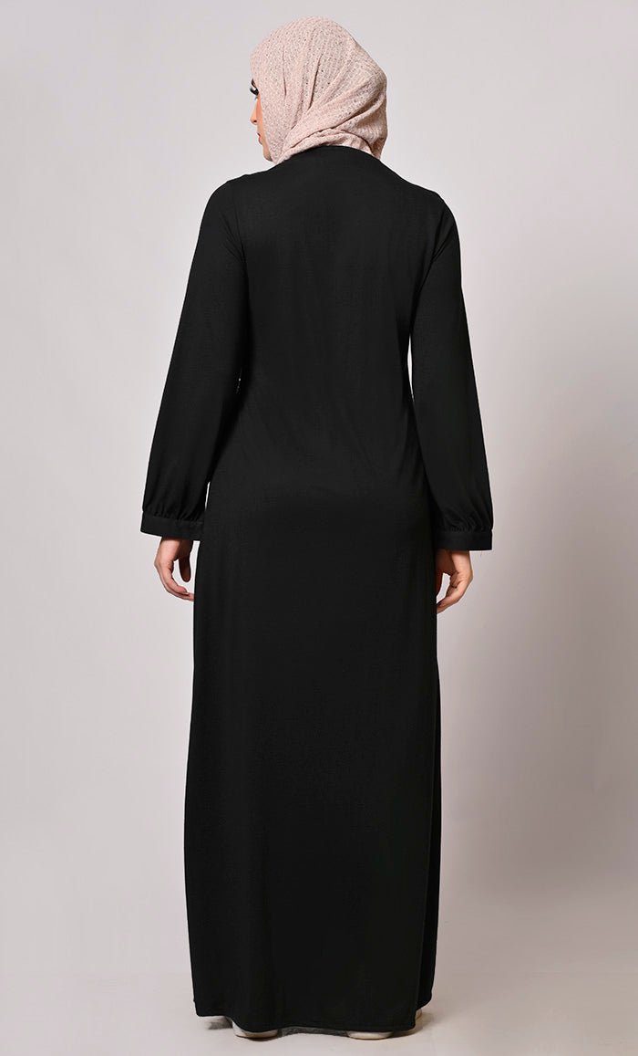 Elegant Black Abaya with Waist Gathers & Hand Embroidery - Modest Islamic Dress for Women - Perfect for Prayer, Eid, and Special Occasions