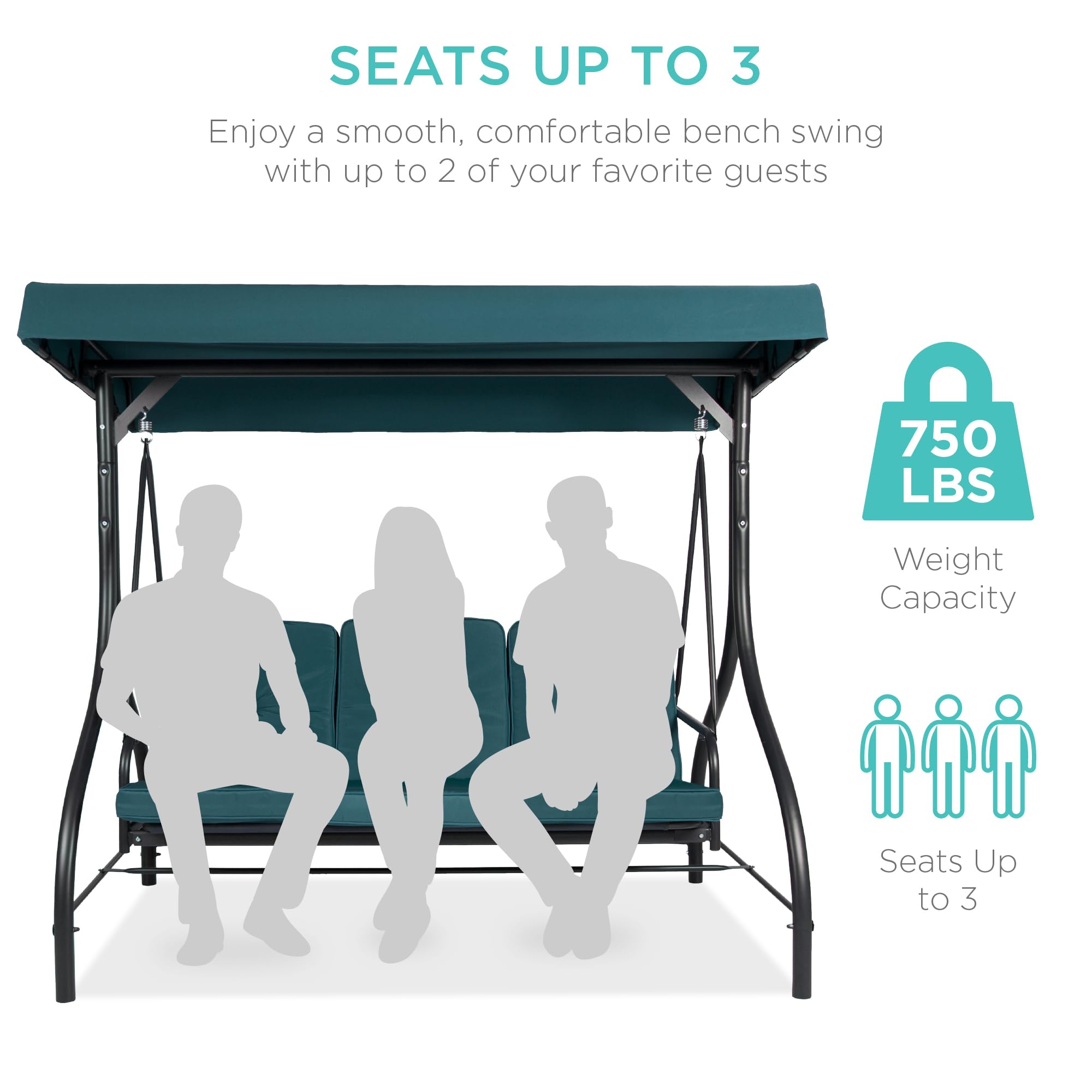 Best Choice Products 3-Seat Outdoor Canopy Swing Glider with Adjustable Shade & Removable Cushions - Patio Hammock Lounge Chair for Porch, Backyard, Garden - Peacock Blue - Perfect for Relaxing, Lounging & Outdoor Entertaining