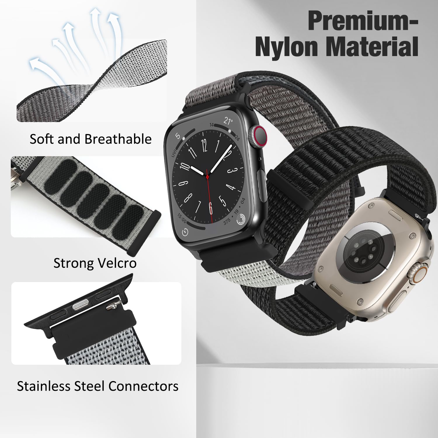 BTTNG Nylon Bands for Apple Watch - Compatible with Ultra/Ultra 2/Series SE 10 9 8 7 6 5 4 3 2 1 (49mm 45mm 44mm 42mm 41mm 40mm 38mm) - Breathable Sport Strap for Men & Women - Perfect for Running, Workouts & Everyday Use