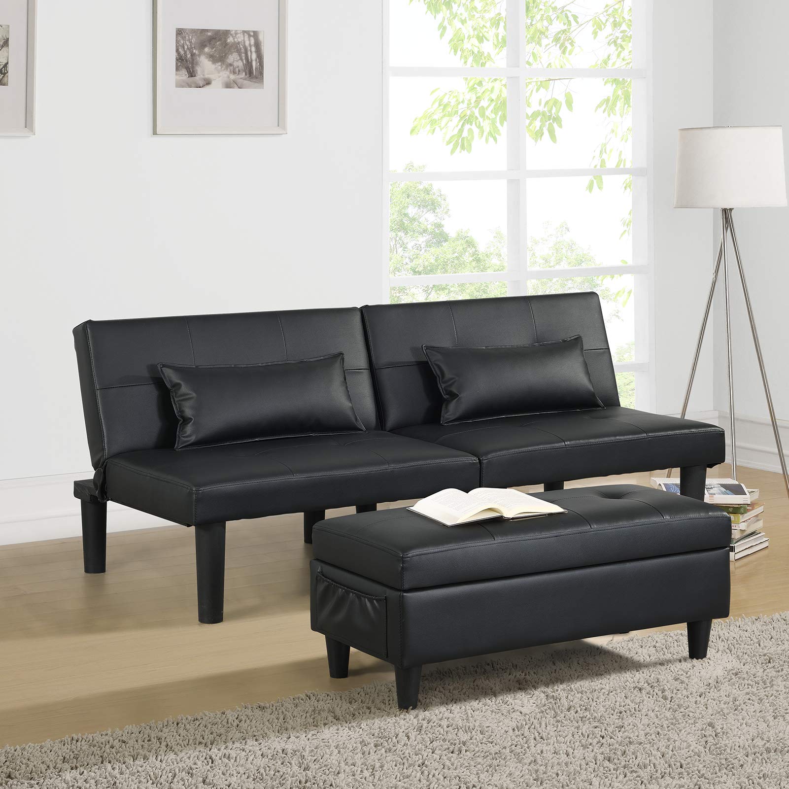 Convertible Futon Sofa Bed with Ottoman - Modern Tufted Faux Leather Loveseat Sleeper Sofa for Small Spaces, 8 Sturdy Legs & 2 Lumbar Pillows Included - Perfect for Apartments, Dorms, Guest Rooms & Home Offices (Black)