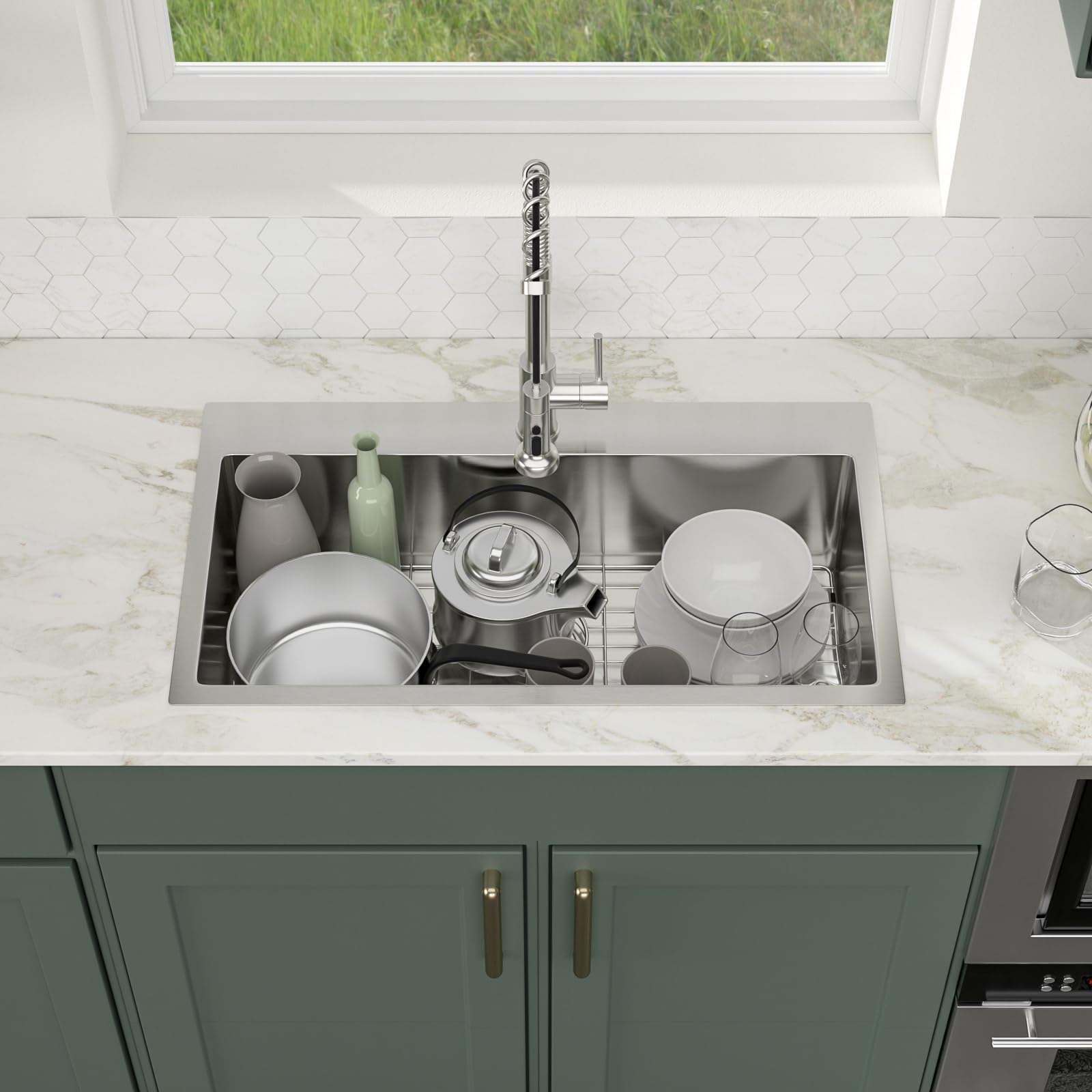 Logmey 32x18 Inch Drop-In Topmount Stainless Steel Kitchen Sink - 16 Gauge Handmade Single Bowl Sink Basin (32x18x9 Inches) for Modern Home Kitchen & Restaurant Use