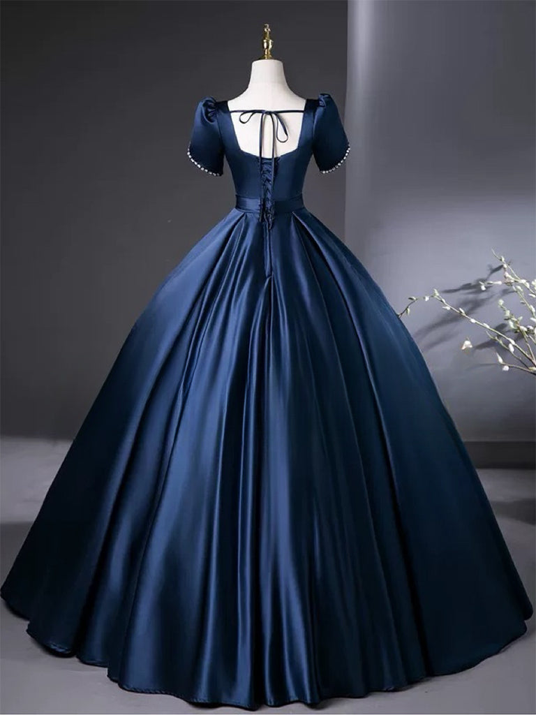 Elegant A-Line Satin Dark Blue Long Prom Dress - Formal Evening Gown for Homecoming, Ball, and Special Occasions