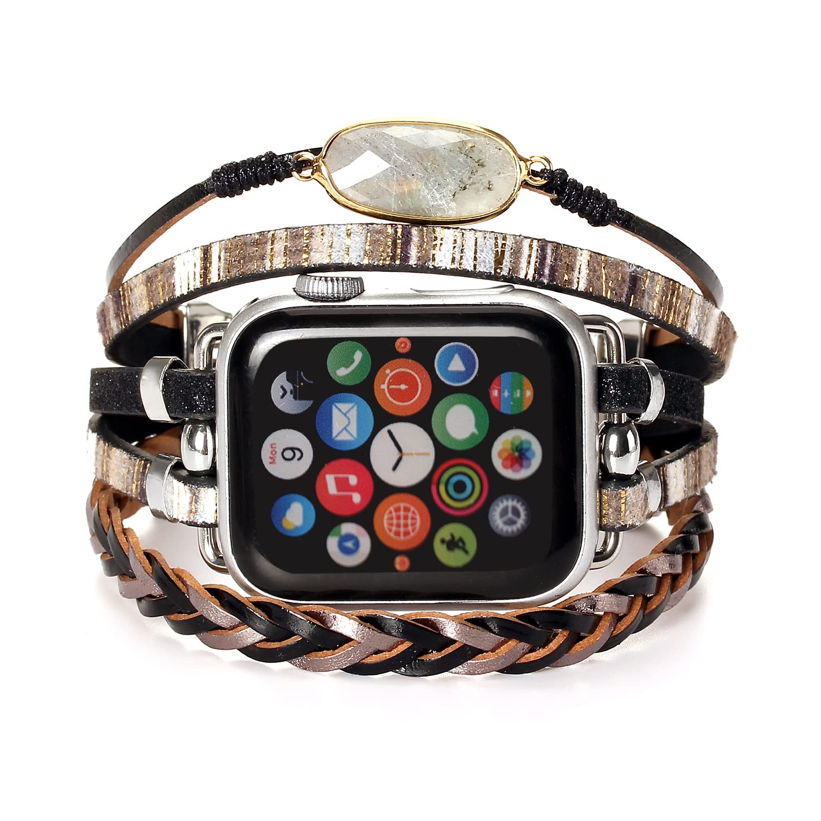 Boho Leather Apple Watch Band Compatible with Series 10/9/8/7/6/SE/Ultra 2/5/4/3/2/1 - Adjustable Wrap Strap for 38mm 40mm 41mm 42mm 44mm 45mm 46mm 49mm - Fashionable Unisex Bracelet for Workout, Office & Casual Wear