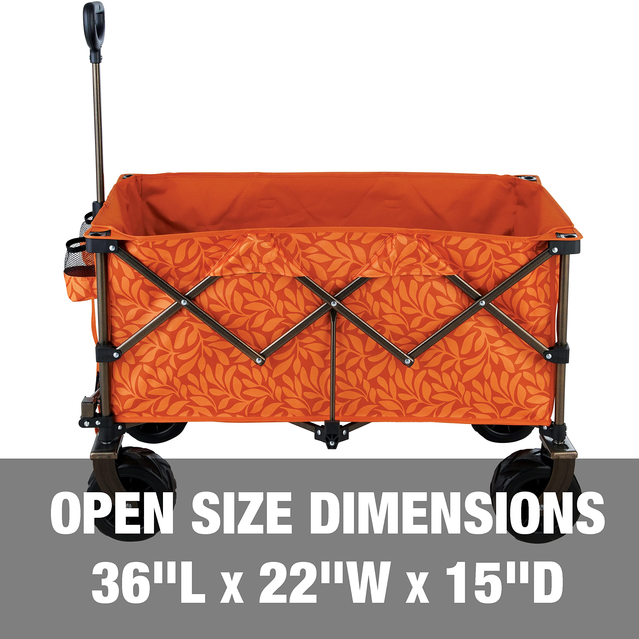 Bliss Hammocks BHW-100-AL 36 Inch Foldable Beach Cart with Storage Pouch, Cup Holders & Swivel Wheels - Heavy Duty Waterproof Utility Wagon for Sand, Camping, Picnics (175 lb Capacity, Amber Leaf) - Perfect for Beach Trips, Tailgating and Outdoor Adventures