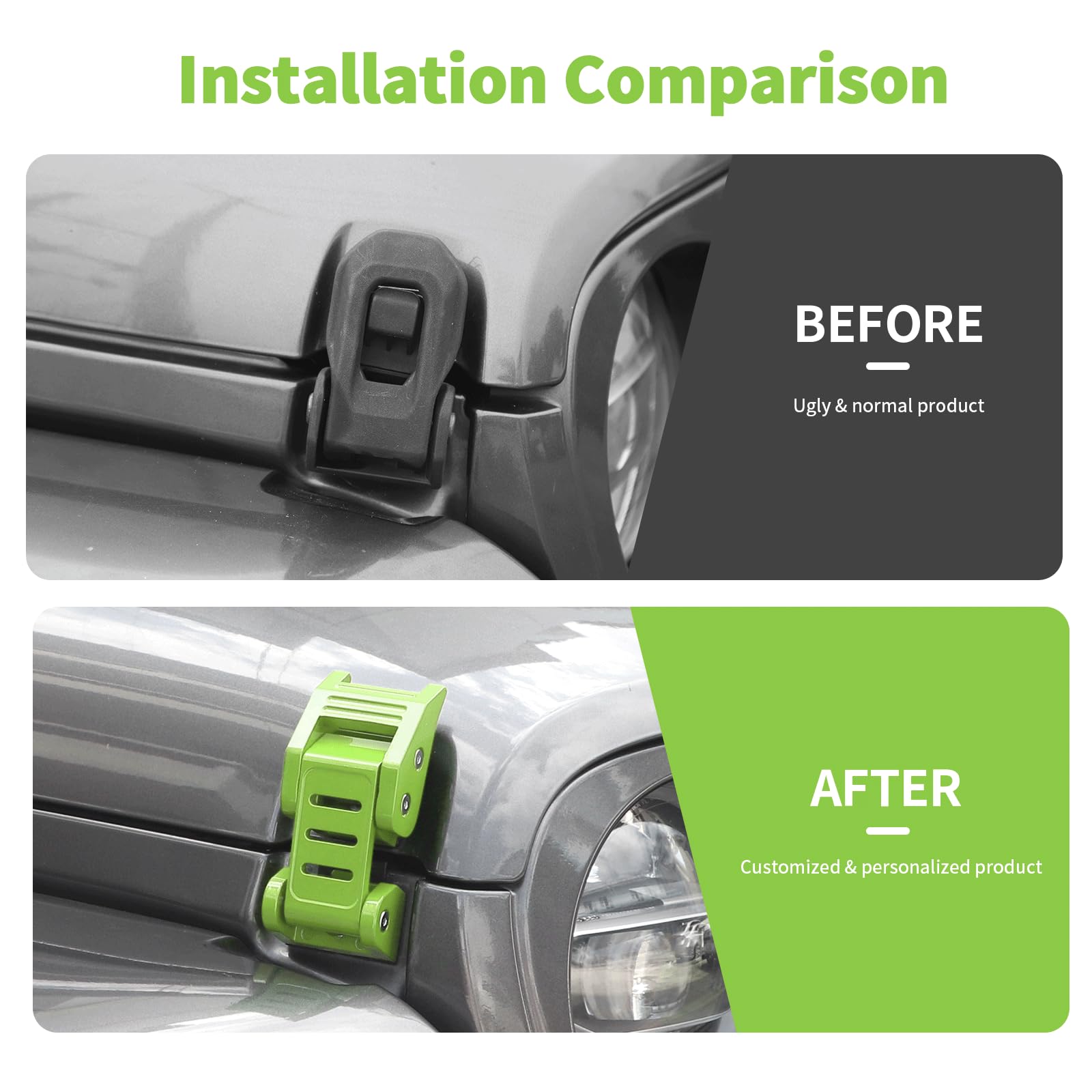 Stainless Steel Hood Latch Kit for 2007-2018 Jeep Wrangler JK/JKU & 2018-2025 JL/JLU/Gladiator JT - Durable Green Exterior Accessories for Off-Roading & Adventure