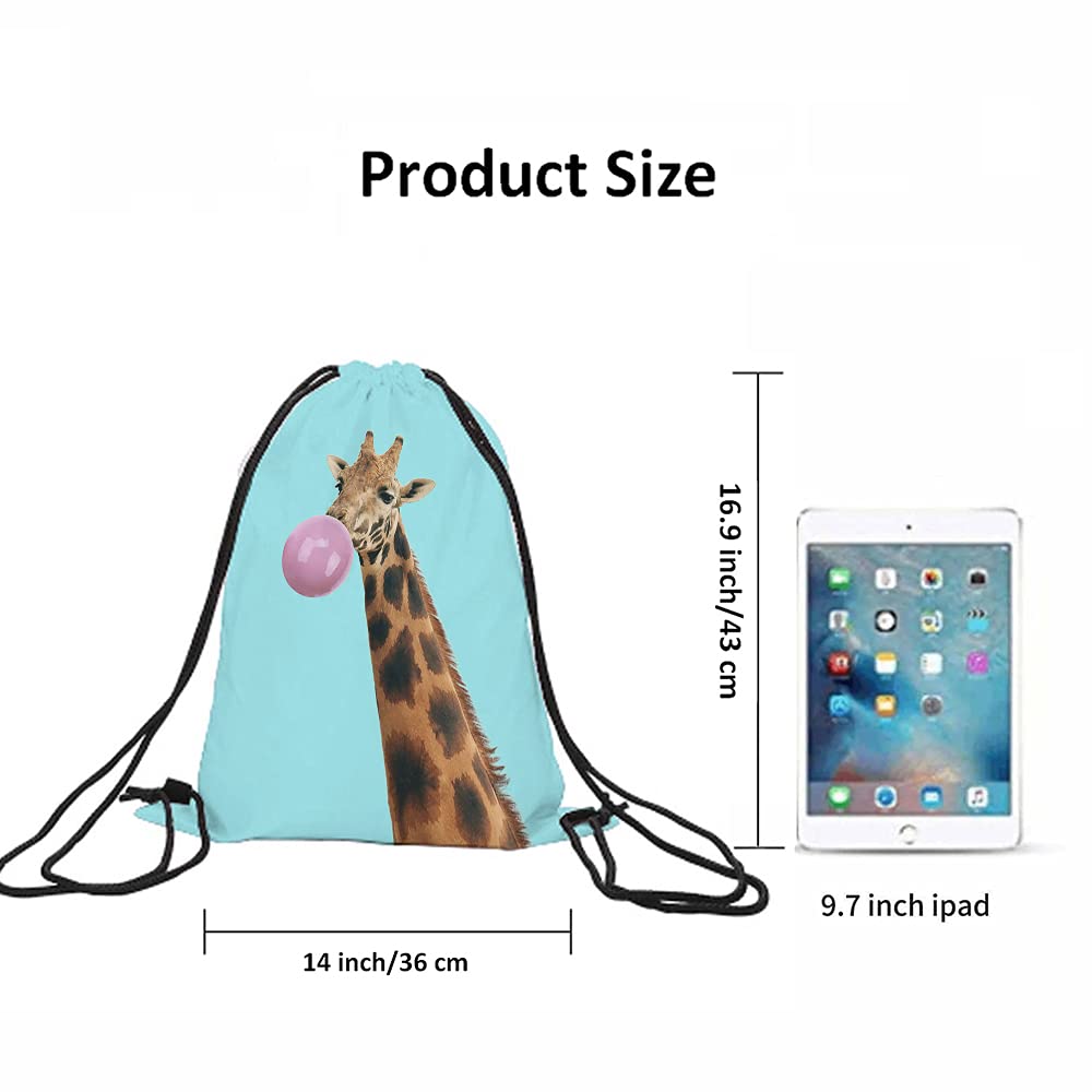 Funny Giraffe Drawstring Backpack - Adorable Animal Print Gym Sack for Men & Women | Perfect for Yoga, Sports, Travel & Beach | Cool Blue Wild African Design with Bubble Gum Theme