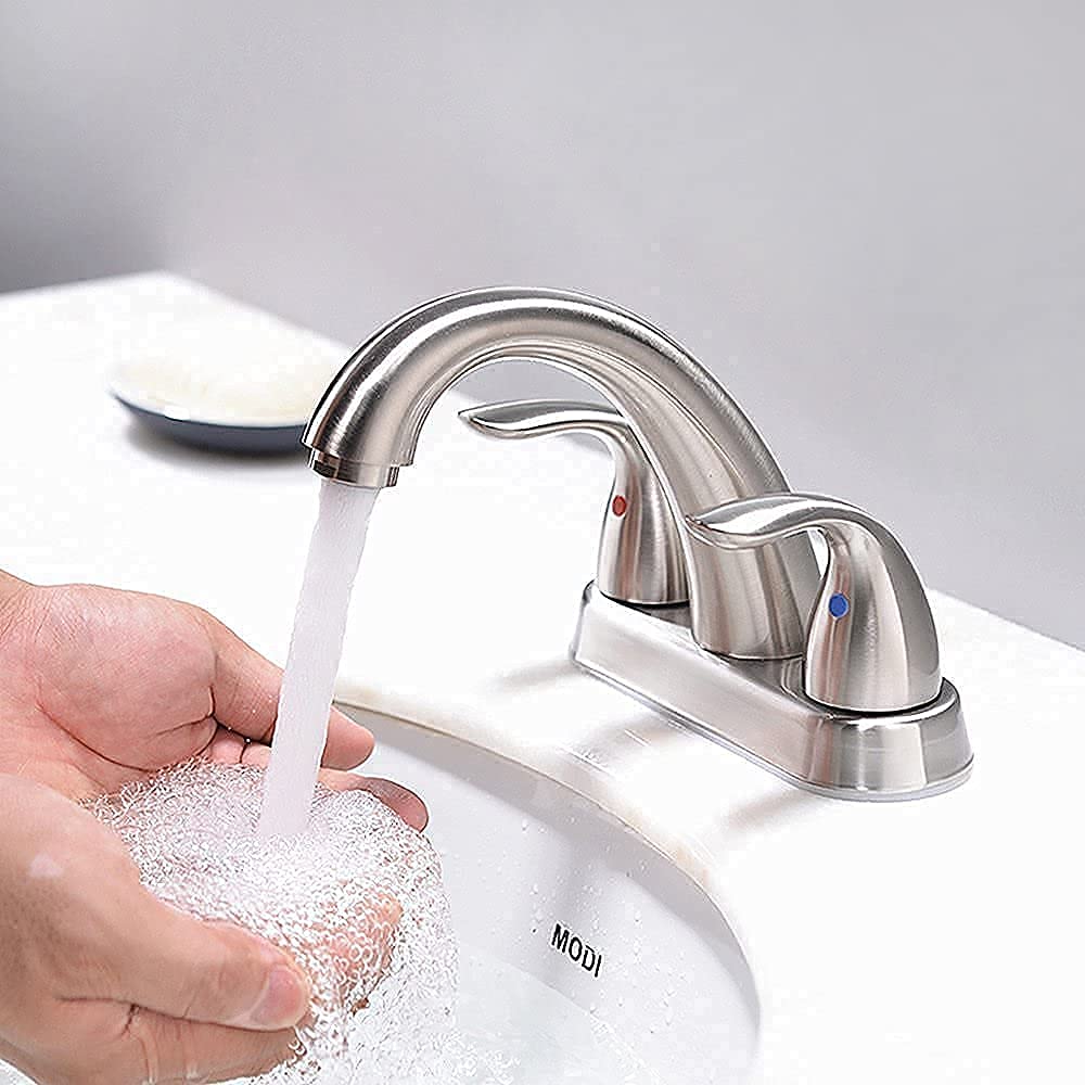 Phiestina 4 Inch Centerset Bathroom Sink Faucet - 2 Handles, Lead-Free, Includes Copper Pop-Up Drain & Supply Lines - Perfect for Modern Bathroom Renovations & Small Space Vanities