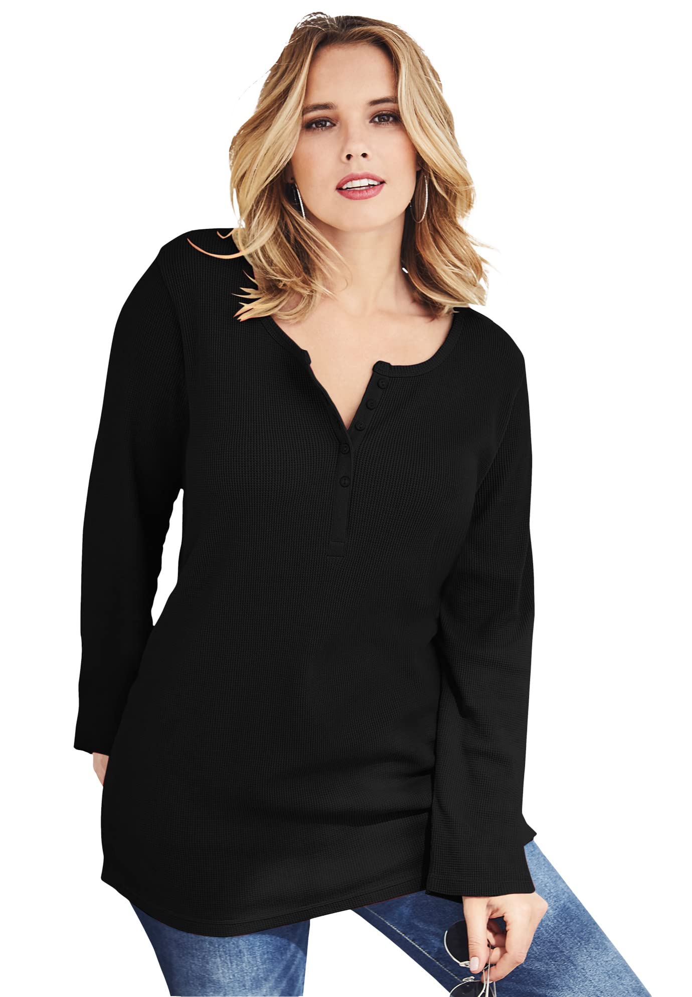 Roaman's Women's Plus Size Thermal Waffle Henley Tunic Long Sleeve Shirt - Warm Winter Layering Top for Casual Outfits & Outdoor Activities