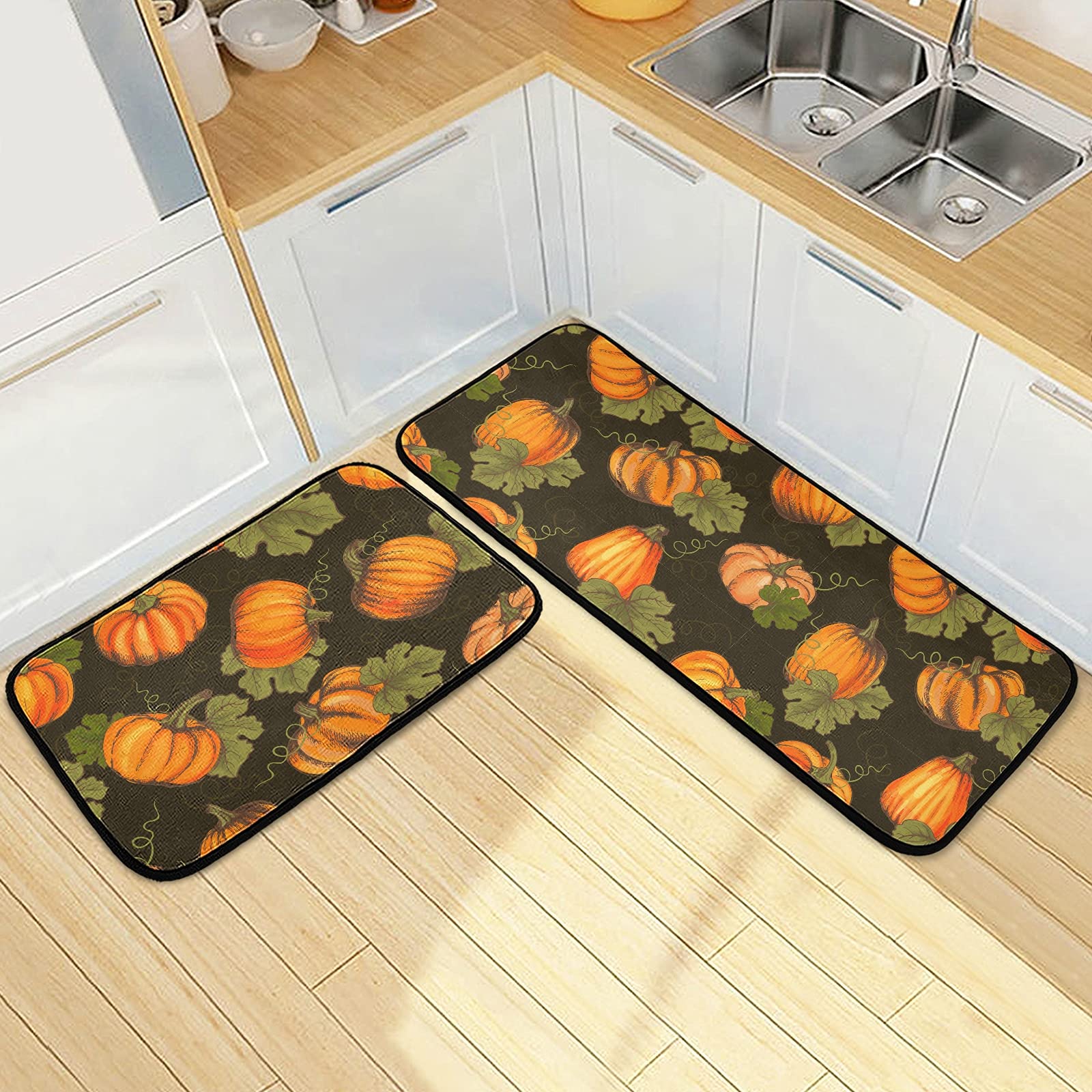 2-Pack Anti-Fatigue Kitchen Rugs - Washable Memory Foam Cushioned Non-Slip Mats for Thanksgiving, Fall & Halloween Decor - Perfect for Kitchen, Office Desk, Laundry Room & Home Decor (Set of 2)