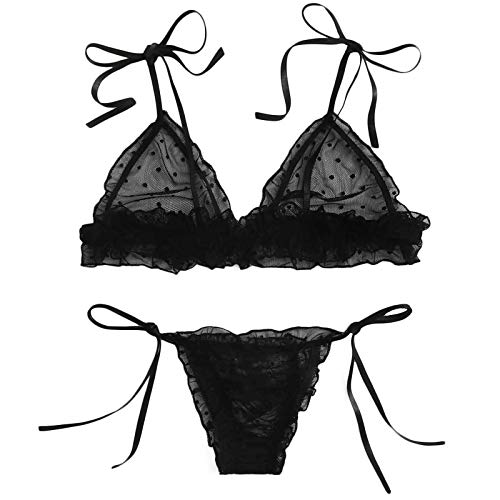 Sexy Lace Bralette & Thong Set - Wireless Mesh Underwear for Women - Comfortable Big Boyshorts - Black Size M - Perfect for Date Night & Boudoir Lingerie