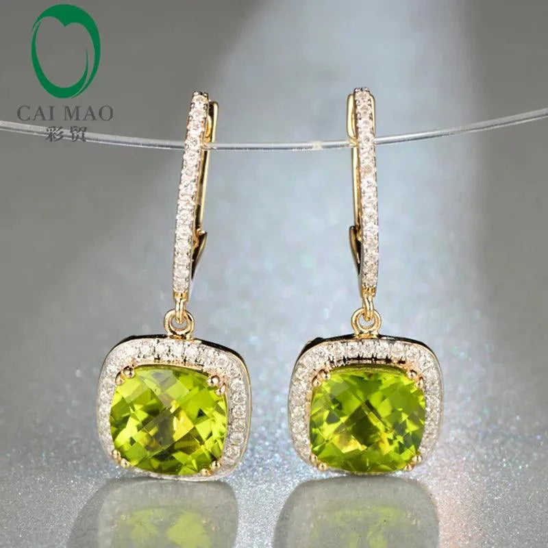 14K Yellow Gold Natural Flawless 4.30ct Cushion Cut Peridot Diamond Drop Earrings for Women - Elegant Engagement Jewelry Gift for Wedding, Anniversary & Special Occasions