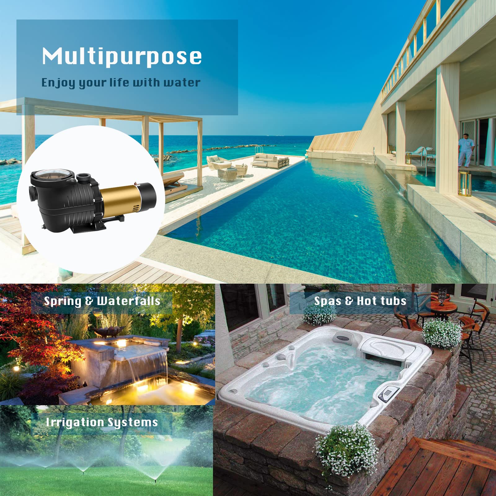 PureBy 2.0HP Energy Efficient Dual Speed Pool Pump - Inground & Above Ground Swimming Pool Circulation System with 1.25'' & 1.5'' NPT Unions (115V Self-Priming) - Perfect for Backyard Pool Maintenance & Water Filtration