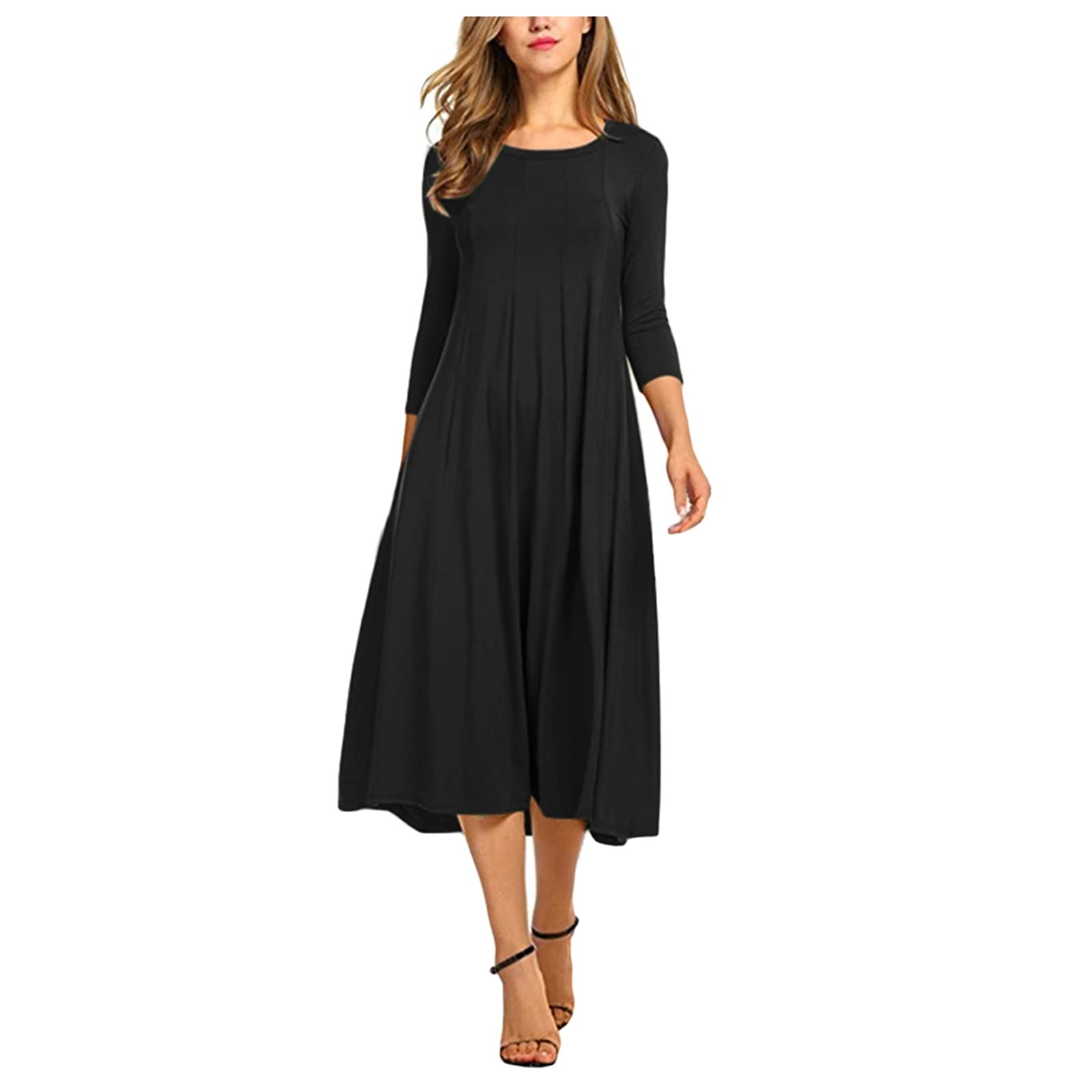 Avrilight Women's Casual Sexy Solid Swing Dress - Round Neck Long Sleeve Midi Dress for Work & Party (Black, Size S) | Perfect for Office, Date Night & Special Occasions