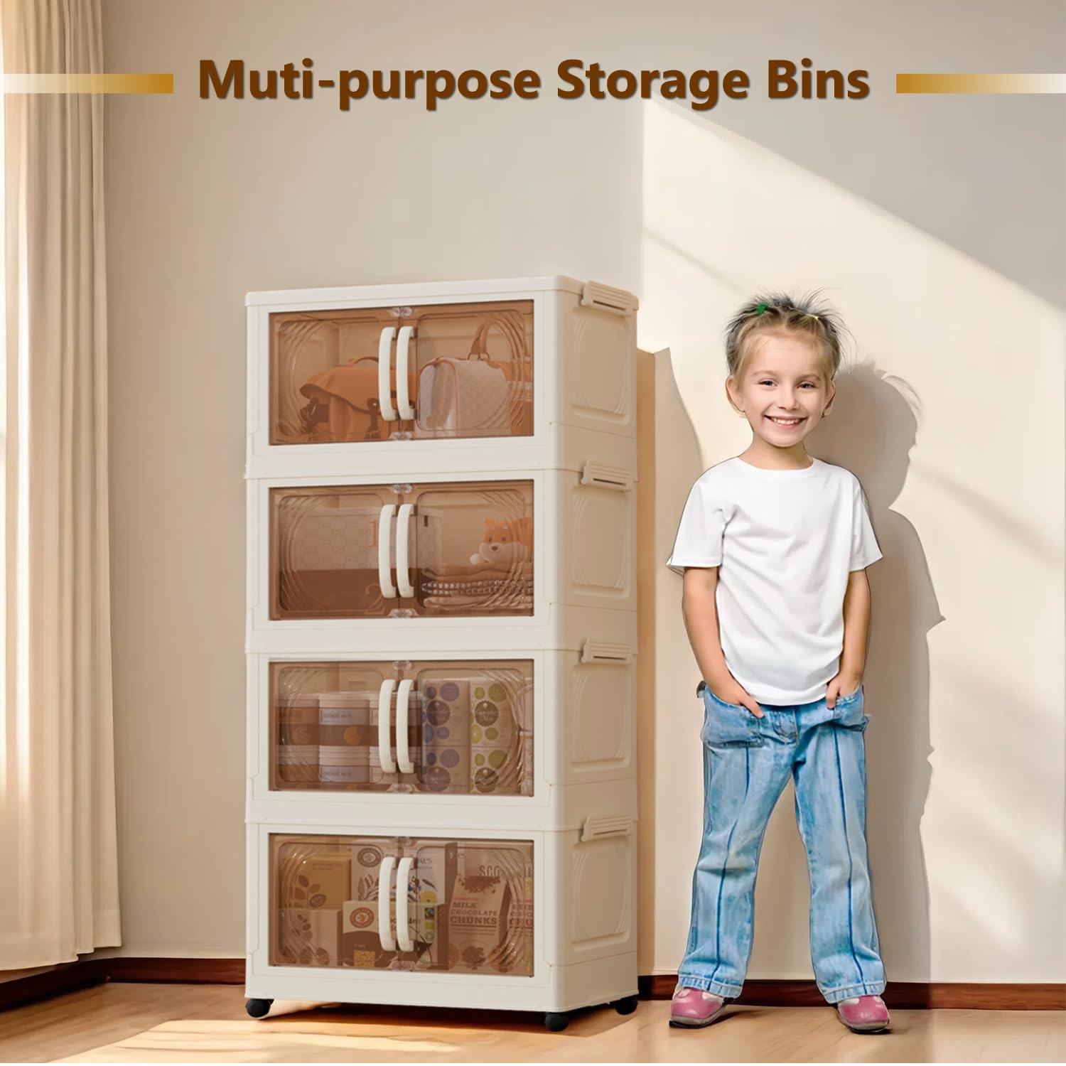 Karramlili Stackable Storage Bins with Wheels - 4-Tier 112Qt Collapsible Closet Organizer with Doors for Home & Office Organization | Space-Saving Storage Containers for Clothes, Toys, Books & Office Supplies