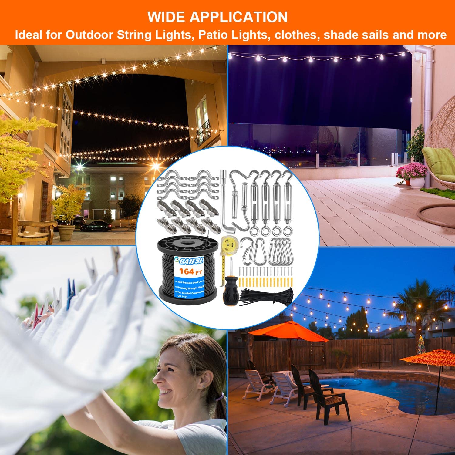 164FT Outdoor String Lights Hanging Kit - Weather-Resistant Wire Guide & Accessories for Deck, Patio, Garden - Easy to Install for Parties, Weddings & Backyard Decor
