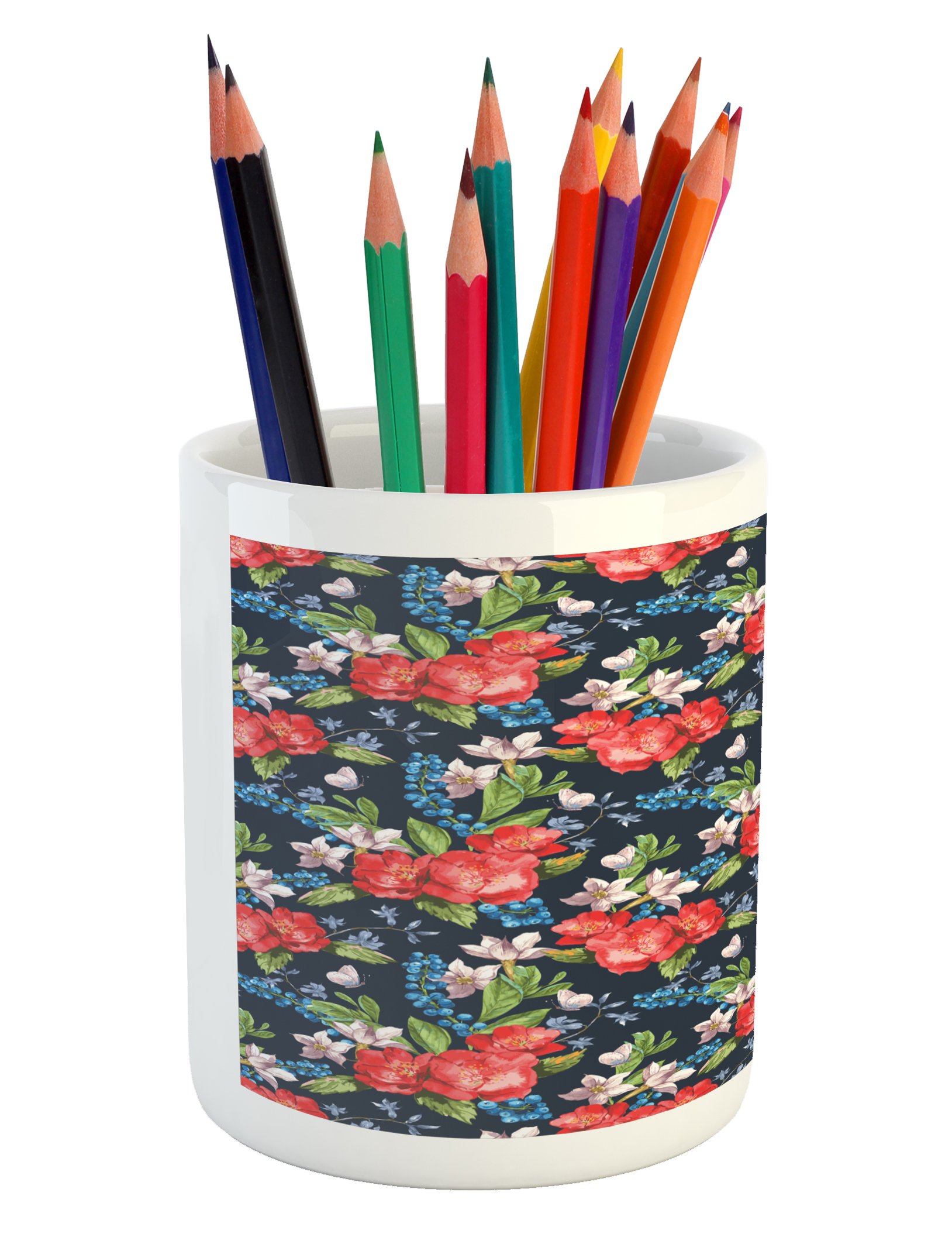 Ambesonne Floral Ceramic Pen Holder - Watercolor Bouquet with Blueberries, Green Leaves & Butterflies - Desk Organizer for Office, Home & School - Perfect for Pencils, Pens & Art Supplies