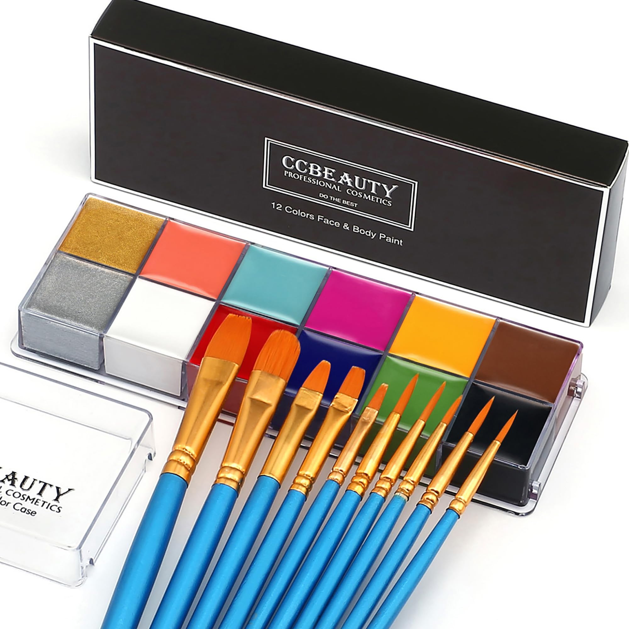 CCbeauty Professional 12 Color Face & Body Paint Oil Palette Set - Halloween, Party, Cosplay Makeup Kit with 10 Blue Brushes | Waterproof, Vibrant Colors for Face Painting, Costume Parties & Artistic Body Art