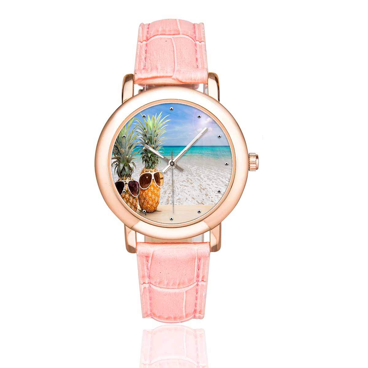 InterestPrint Women's Rose Gold Watch with Pineapple Yellow & Pink Leather Strap - Elegant Fashion Accessory for Casual Wear, Office, and Special Occasions