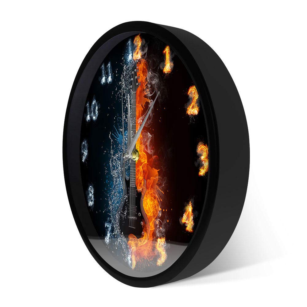Half Water Half Fire Acoustic Electric Guitar Wall Clock - Unique Musical Instrument Decor for Guitar Players - Metal Frame Wall Art - Perfect for Music Room, Studio & Guitar Lover Gifts