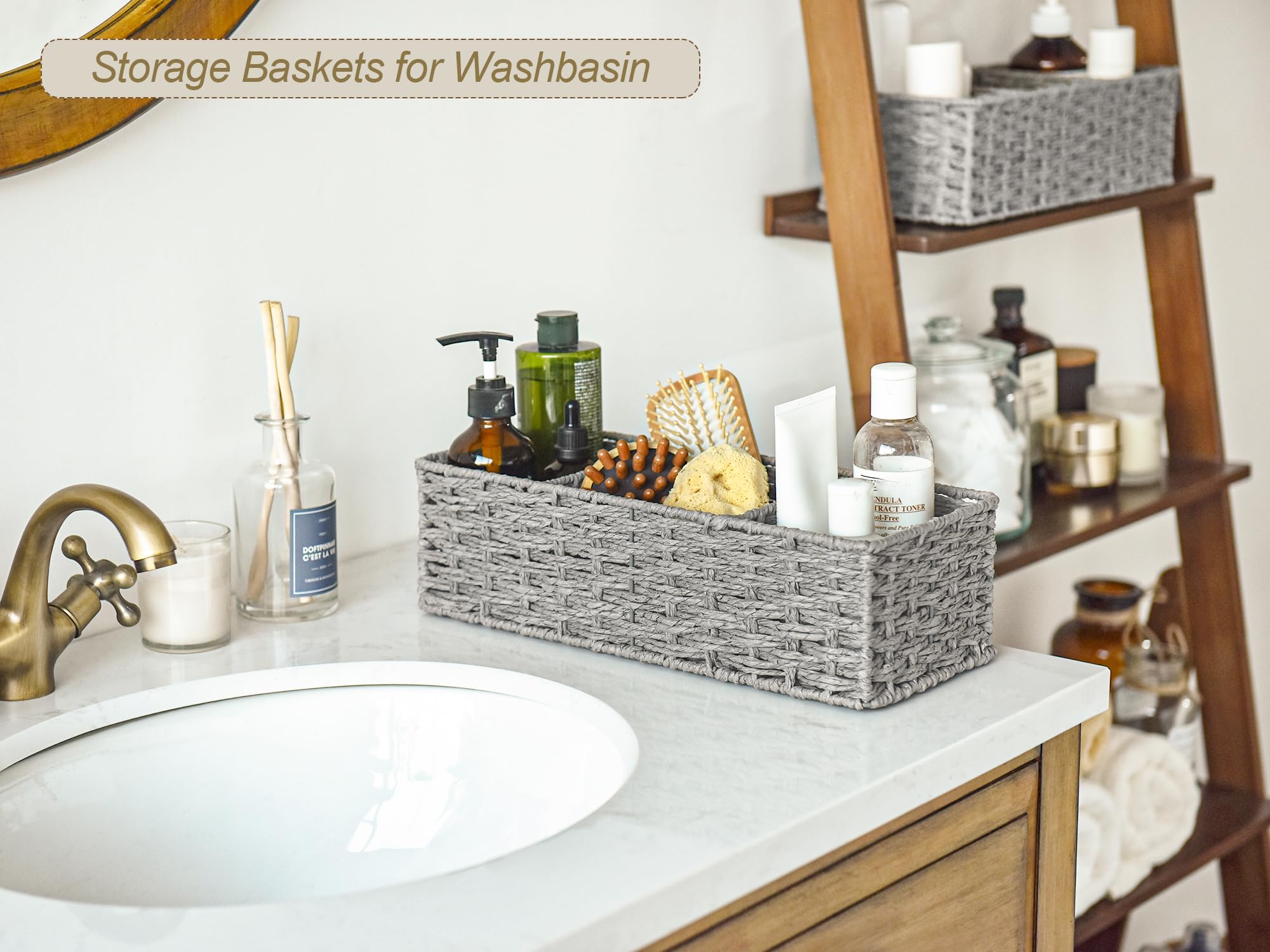 StorageWorks 3-Section Wicker Baskets for Shelves | Hand-Woven Round Paper Rope Storage Baskets (Gray, 2-Pack) | Perfect for Home Organization, Bathroom & Closet Storage