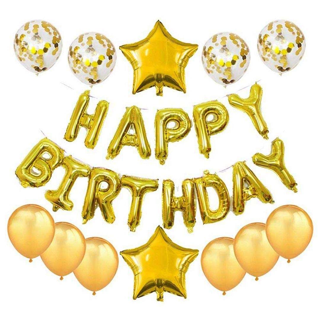 16 Inch Happy Birthday Balloons Decorations Set - 13pcs Letter Balloons Banner, 2 Giant Star Foil Balloons, 4 Confetti Balloons, 6 Latex Balloons (Gold) | Perfect for Birthday Parties, Baby Showers, Anniversaries & Special Events