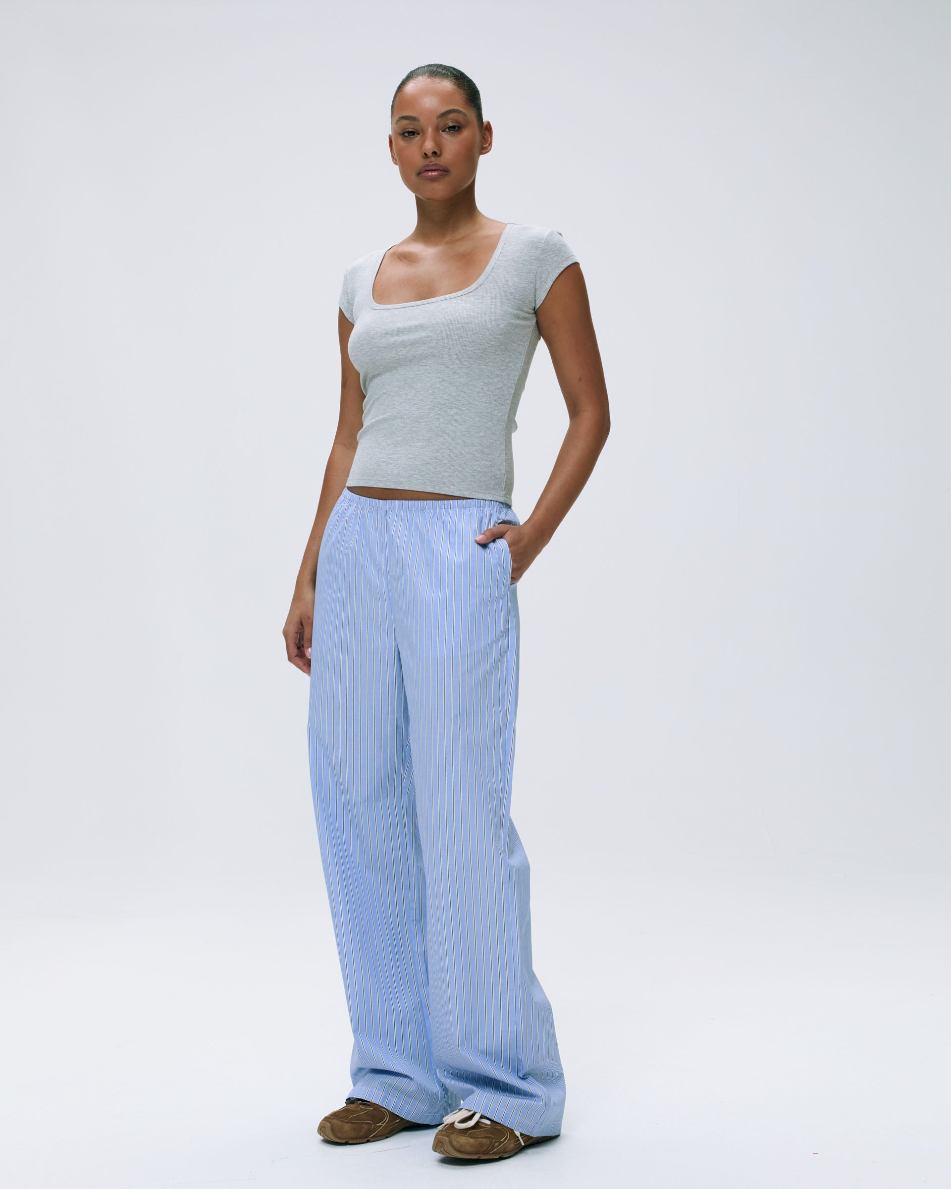 Comfortable Cotton Stripe Pull On Pants for Women - Blue & White Casual Lounge Pants | Perfect for Yoga, Home Wear, and Relaxation