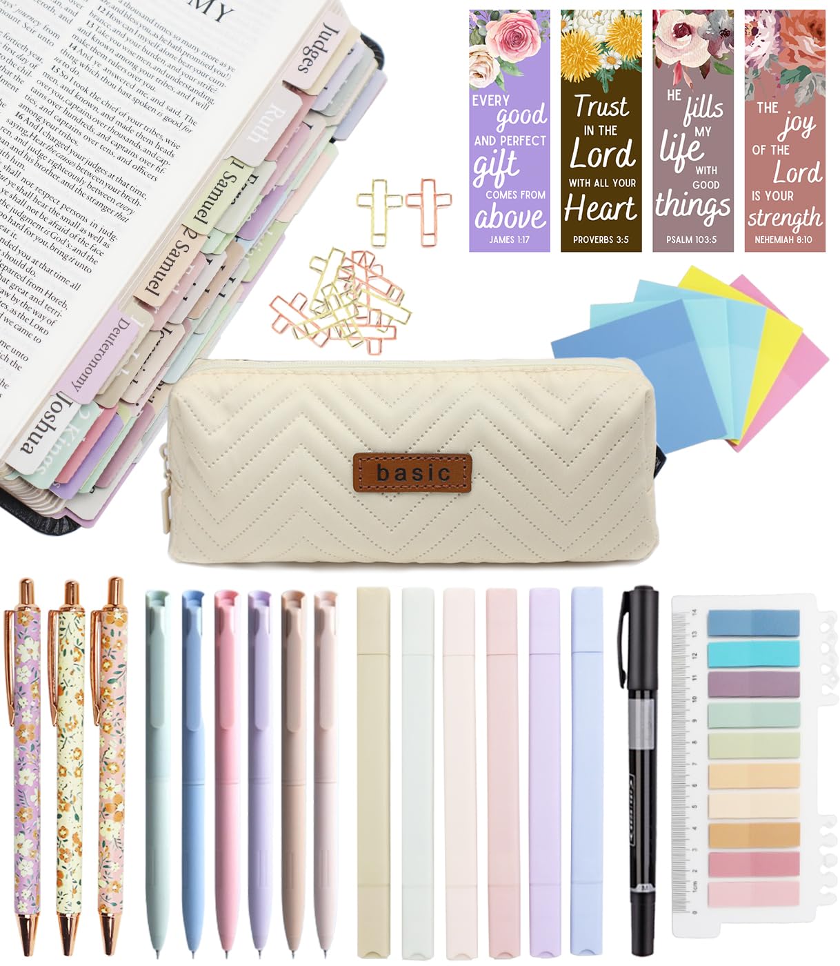 PartyGalore Bible Study Journaling Kit with Tabs, Highlighter, Pen Case & Bookmark - Christian Annotation Supplies for Women & Students - Perfect for Bible Study Groups, Church Gifts & Personal Devotion