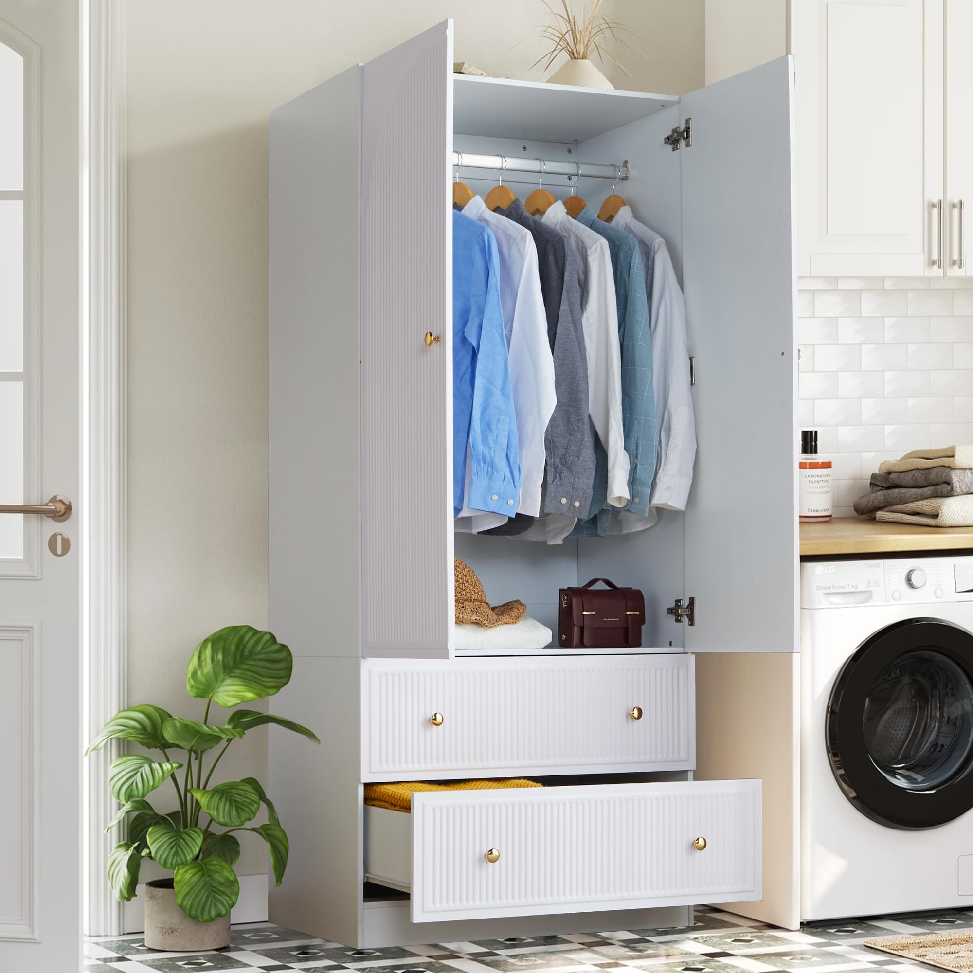 ORRD 2-Door Freestanding Armoire Wardrobe Closet - Large Capacity Wooden Storage Cabinet with 2 Drawers for Bedroom (White) | Perfect for Organizing Clothes, Shoes & Accessories in Small Spaces